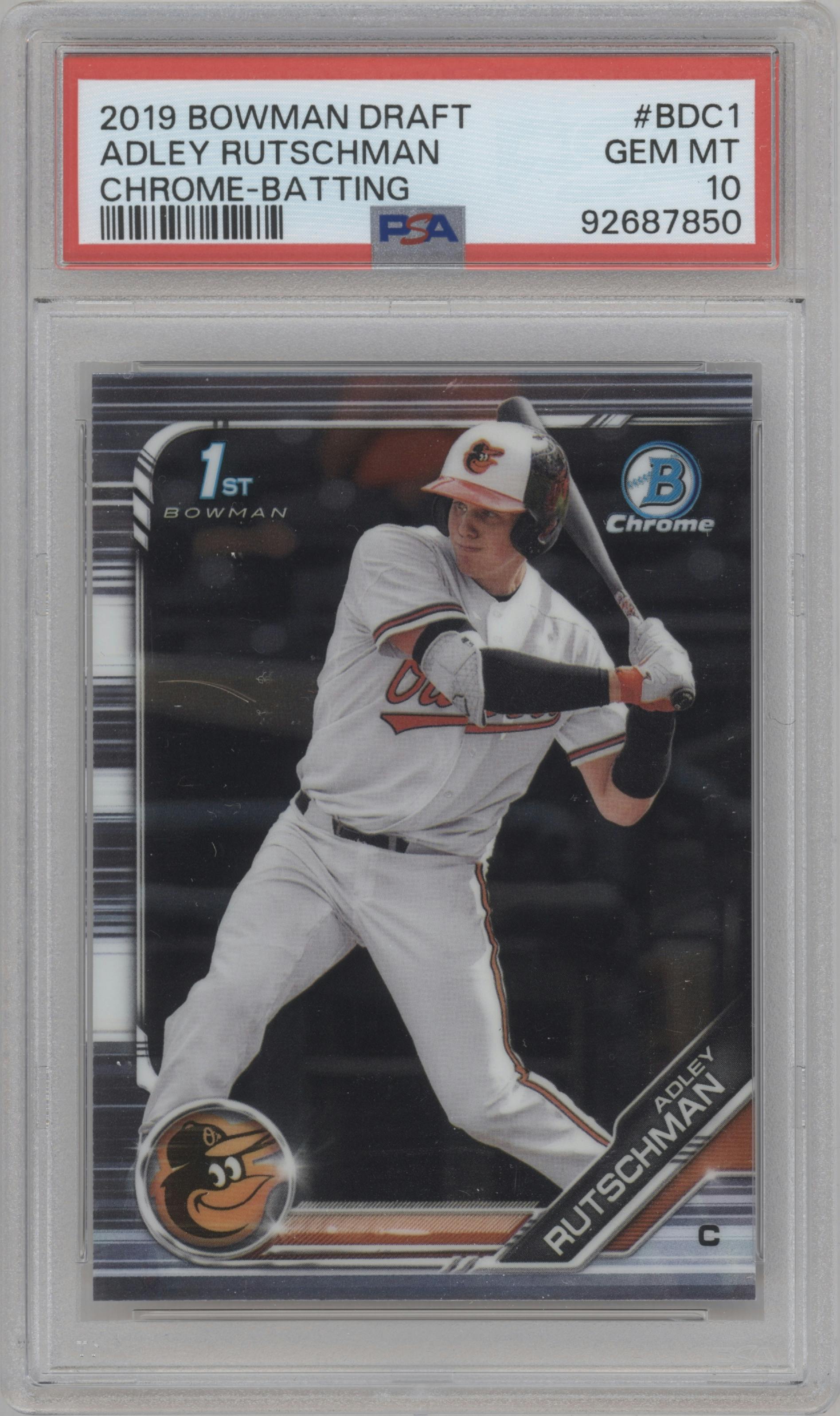 Adley Rutschman from the 2019 Bowman Draft set graded by PSA and given an overall grade of 10.