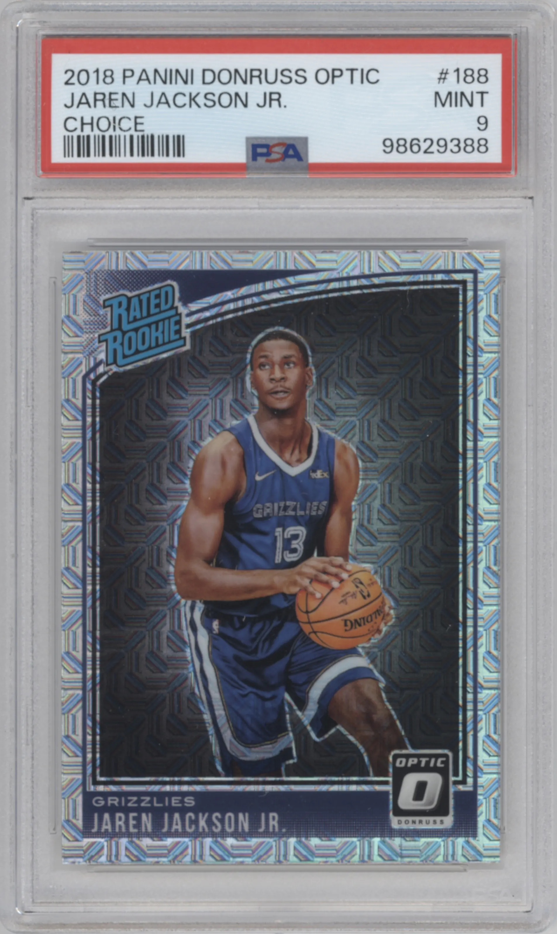 Jaren Jackson Jr. from the 2018-19 Panini Donruss Optic set featuring a Choice parallel graded by PSA and given an overall grade of 9.