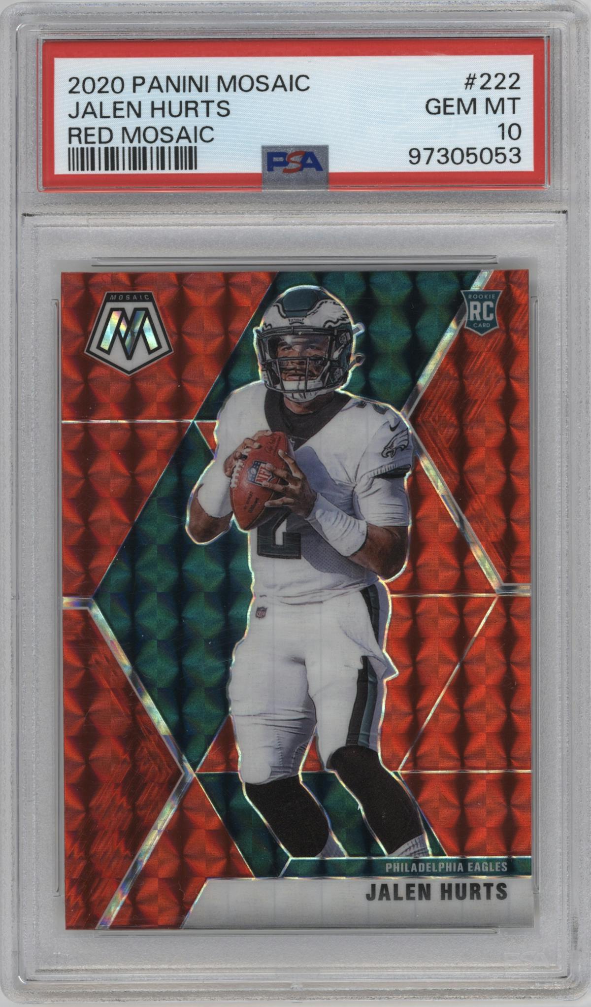 Jalen Hurts from the 2020 Panini Mosaic set featuring a Red Mosaic parallel graded by PSA and given an overall grade of 10.