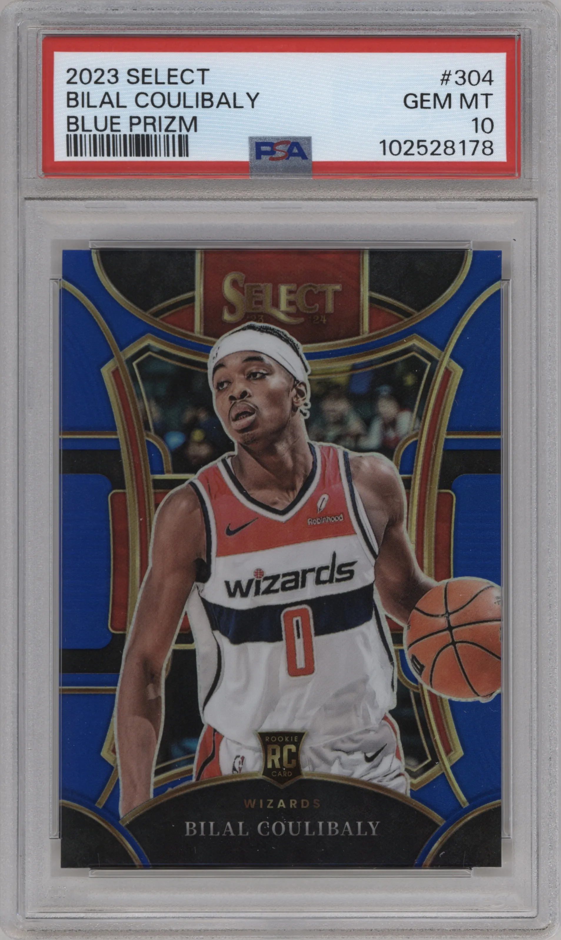 Bilal Coulibaly from the 2023-24 Panini Select  set featuring a Blue Prizm parallel graded by PSA and given an overall grade of 10.