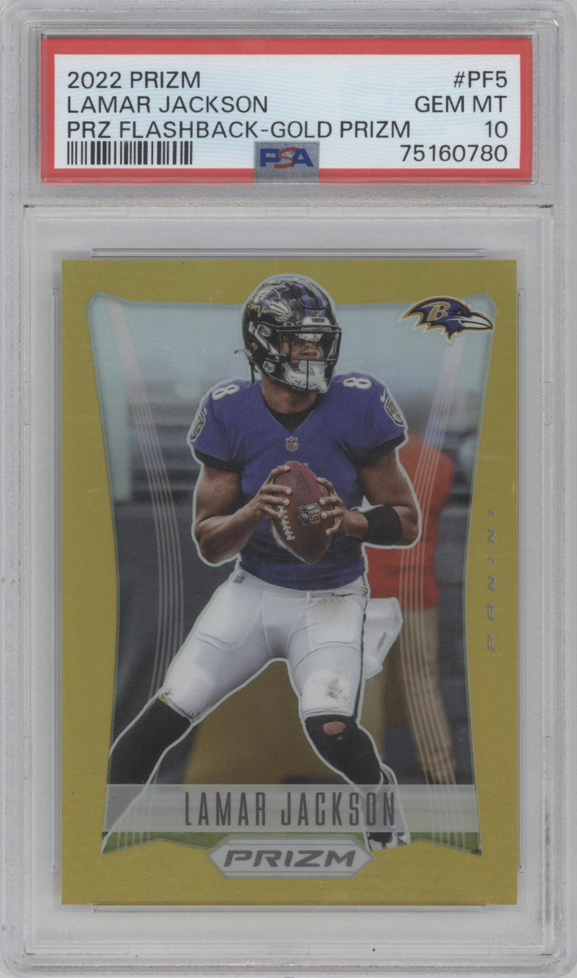 Lamar Jackson from the 2022 Panini Prizm set featuring a Gold parallel graded by PSA and given an overall grade of 10.