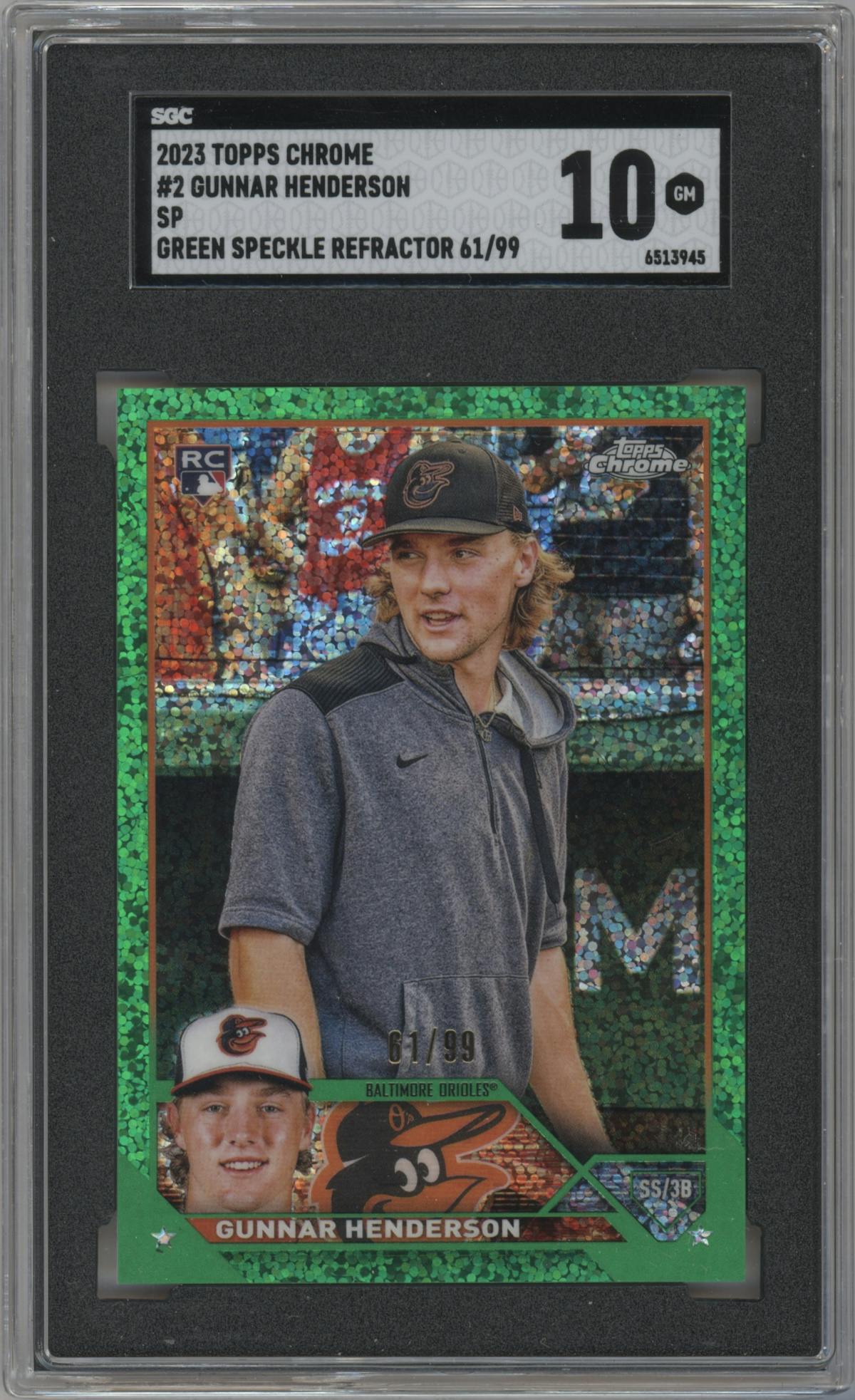 Gunnar Henderson from the 2023 Topps Chrome set featuring a Green Speckle Refractor parallel graded by SGC and given an overall grade of 10.