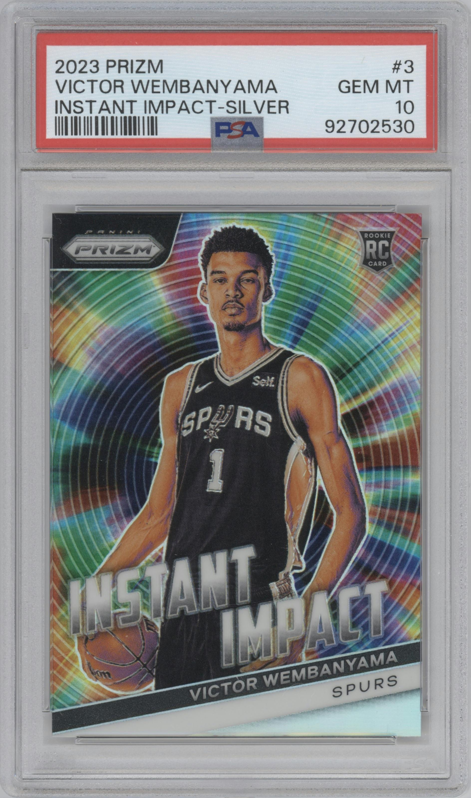 Victor Wembanyama from the 2023-24 Panini Prizm set featuring a Silver Prizm parallel graded by PSA and given an overall grade of 10.