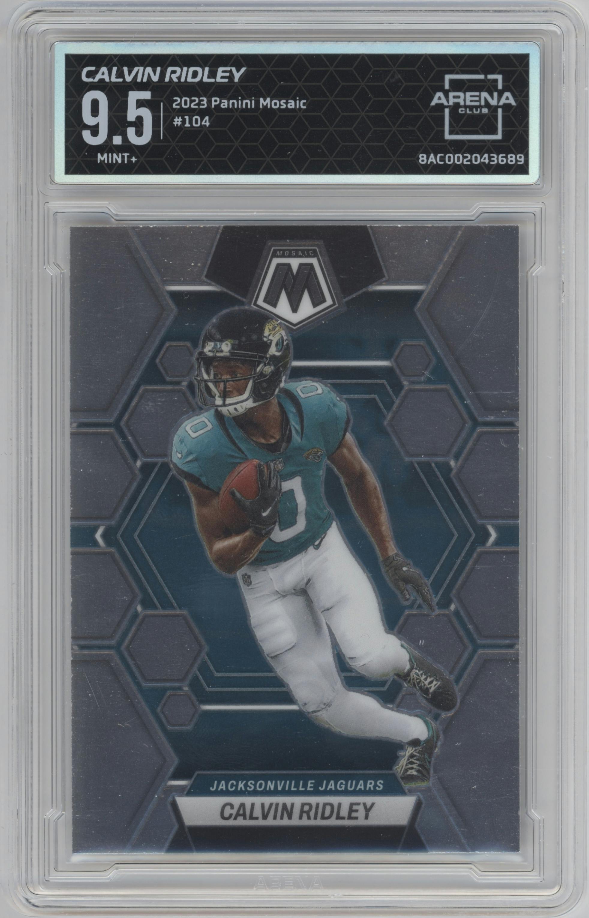 Calvin Ridley from the 2023 Panini Mosaic set graded by Arena Club and given an overall grade of 9.5.