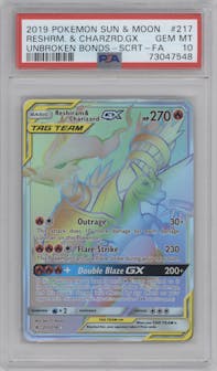 Reshiram/Charizard GX from the 2019 Pokemon S&M  set graded by PSA and given an overall grade of 10.