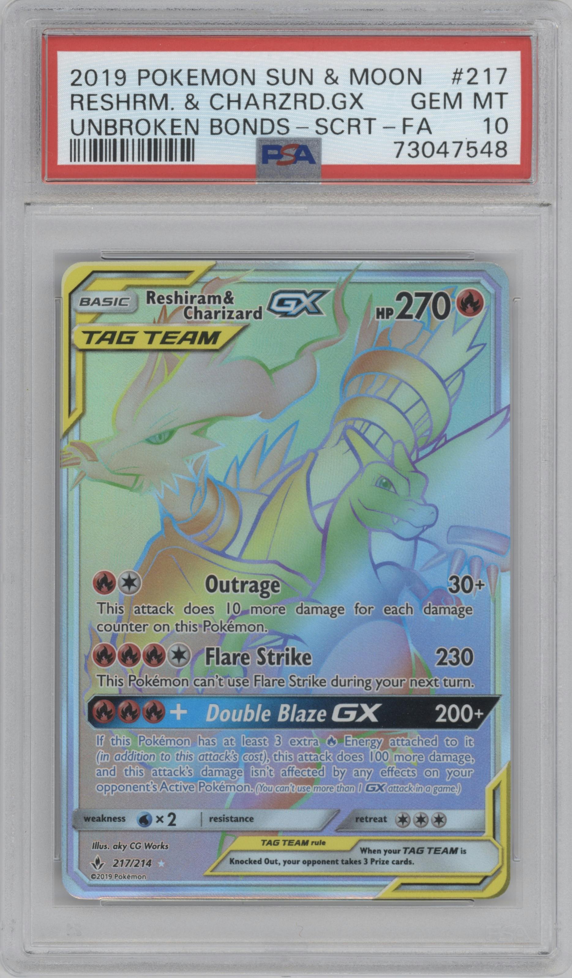 Reshiram/Charizard GX from the 2019 Pokemon S&M  set graded by PSA and given an overall grade of 10.