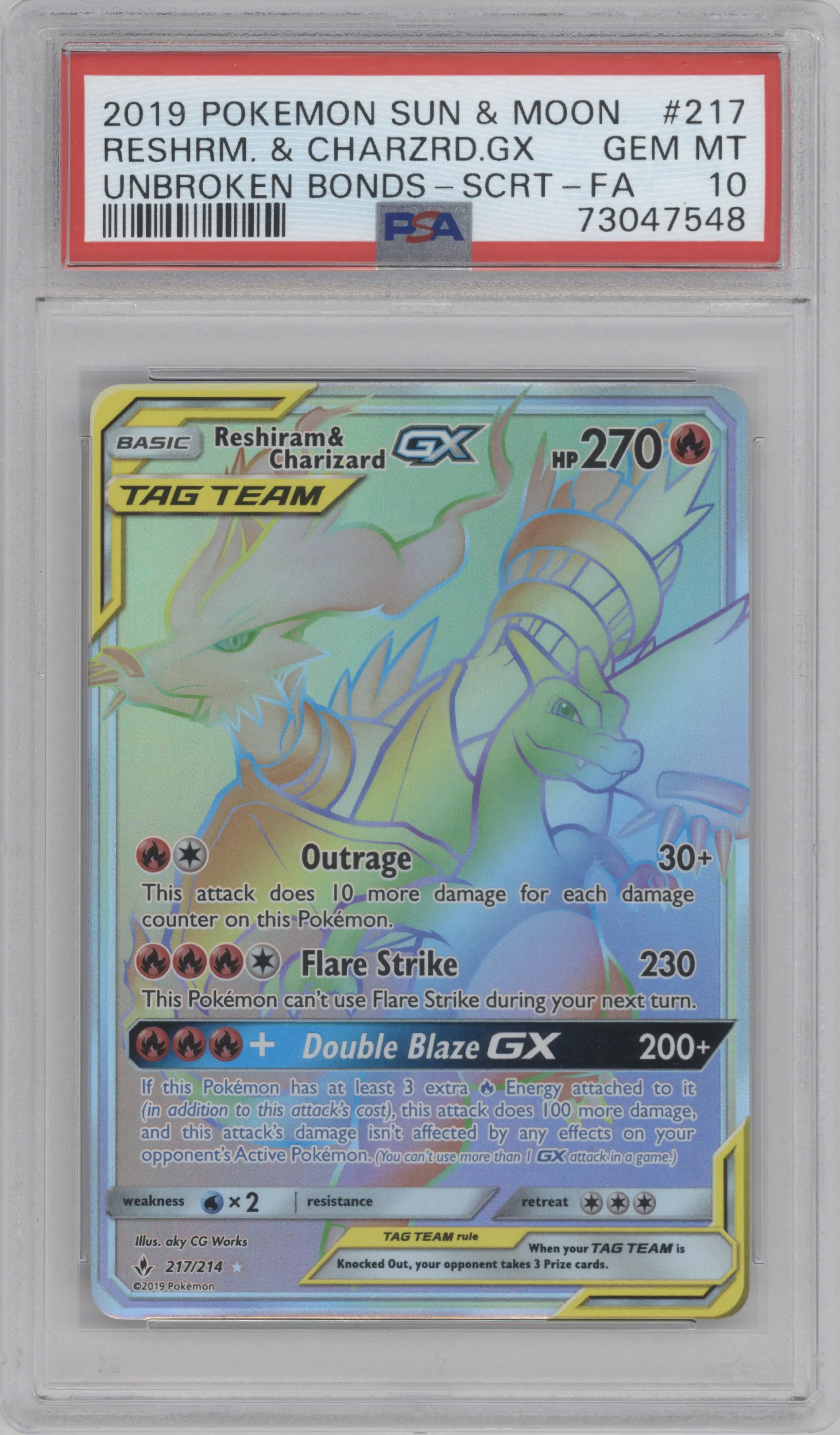 2019 Pokemon S&M Unbroken Bonds Reshiram/Charizard GX #217 PSA 10