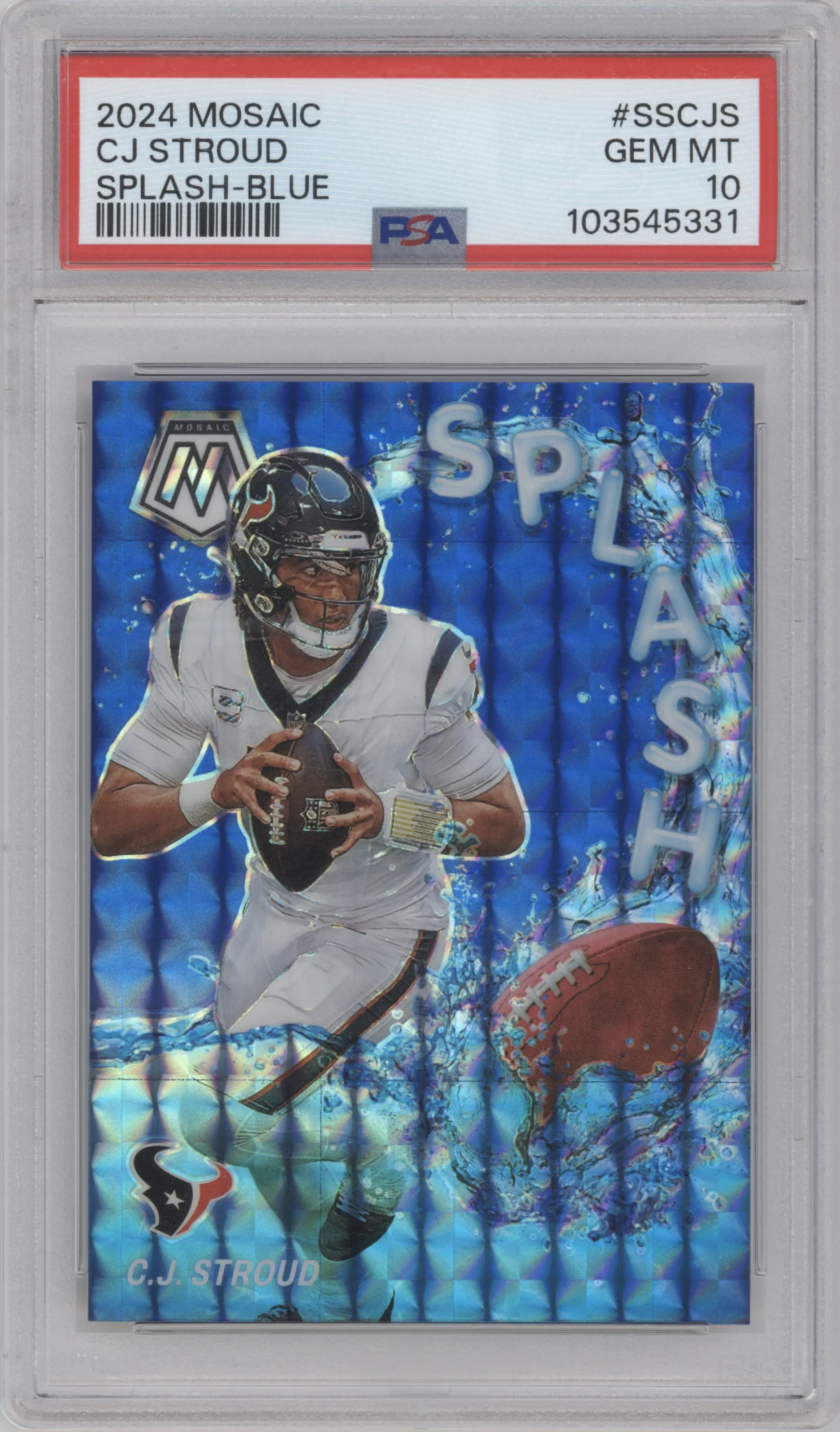 C.J. Stroud from the 2024 Panini Mosaic set featuring a Blue Mosaic  parallel graded by PSA and given an overall grade of 10.