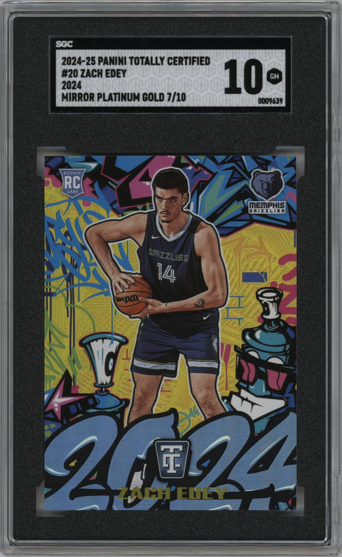 Zach Edey from the 2024-25 Panini Totally Certified set featuring a Gold Platinum Mirror parallel graded by SGC and given an overall grade of 10.