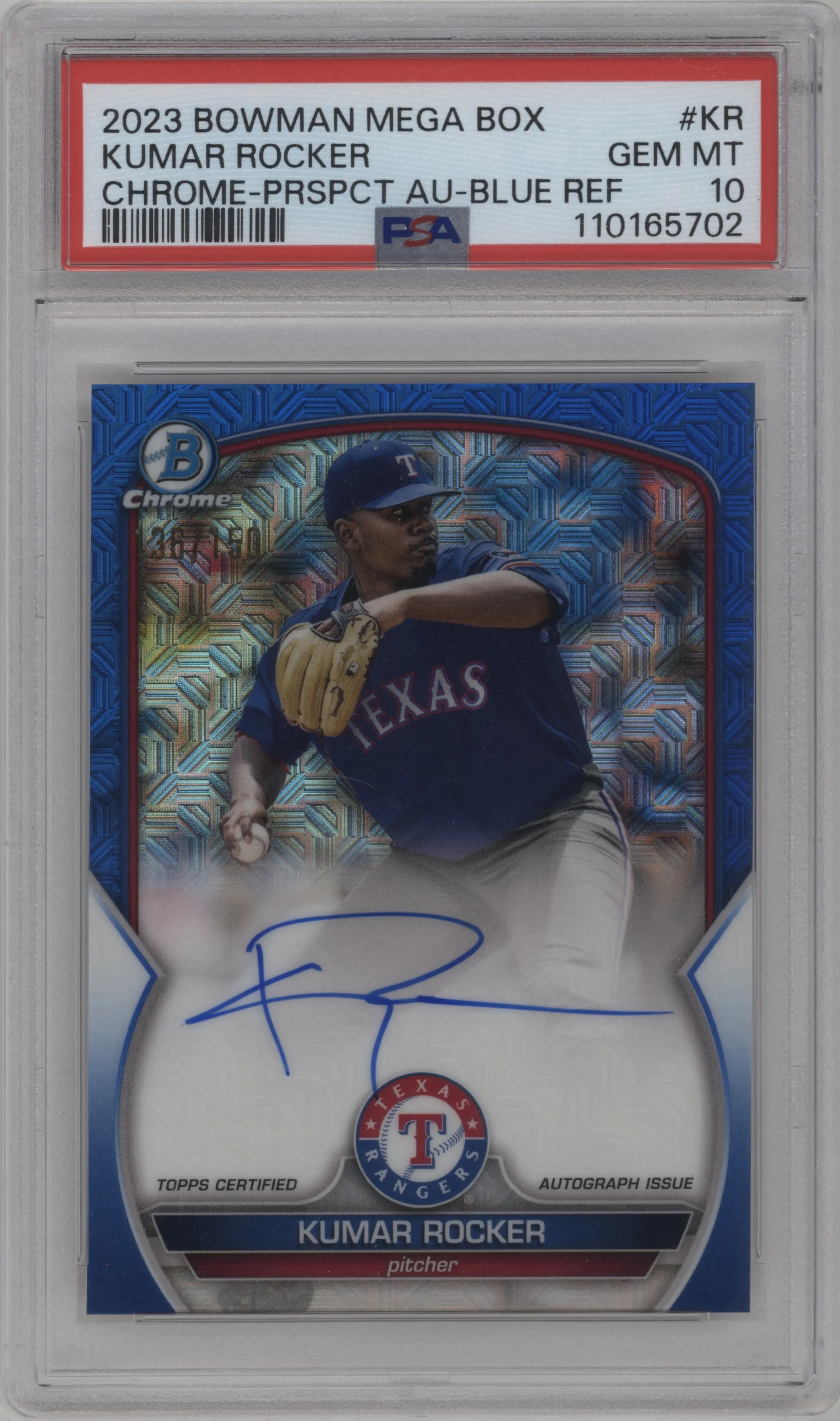 2023 Bowman Mega Box Chr.Pros.Auto Kumar Rocker Blue Refractor PSA 10