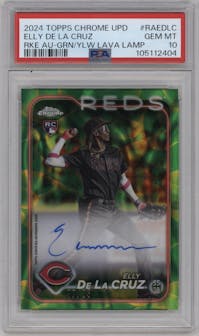 Elly De La Cruz from the 2024 Topps Chrome Update set featuring a Lava Lamp Green/Yellow Refractors parallel graded by PSA and given an overall grade of 10.