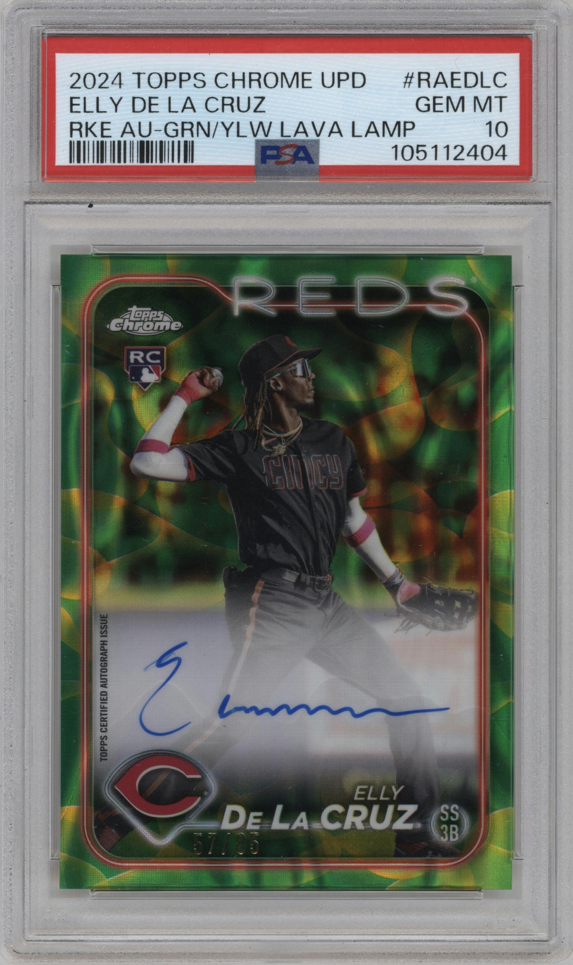 Elly De La Cruz from the 2024 Topps Chrome Update set featuring a Lava Lamp Green/Yellow Refractors parallel graded by PSA and given an overall grade of 10.