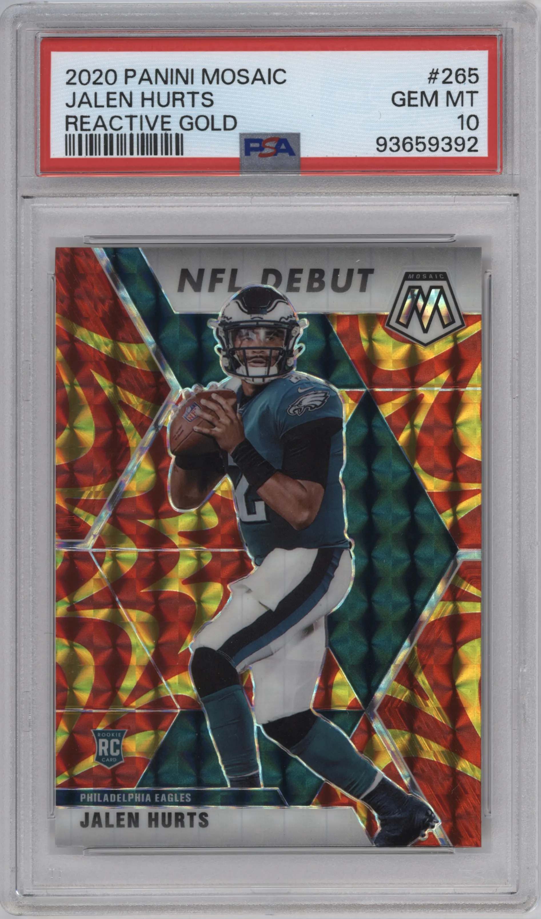 Jalen Hurts from the 2020 Panini Mosaic set featuring a Reactive Gold parallel graded by PSA and given an overall grade of 10.