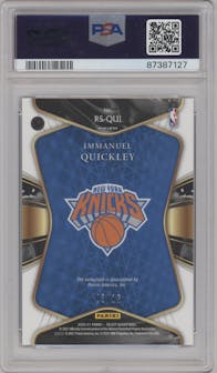 Immanuel Quickley from the 2020-21 Panini Select  set featuring a Neon Purple Pulsar FOTL parallel graded by PSA and given an overall grade of 10.