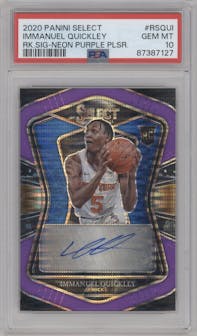 Immanuel Quickley from the 2020-21 Panini Select  set featuring a Neon Purple Pulsar FOTL parallel graded by PSA and given an overall grade of 10.