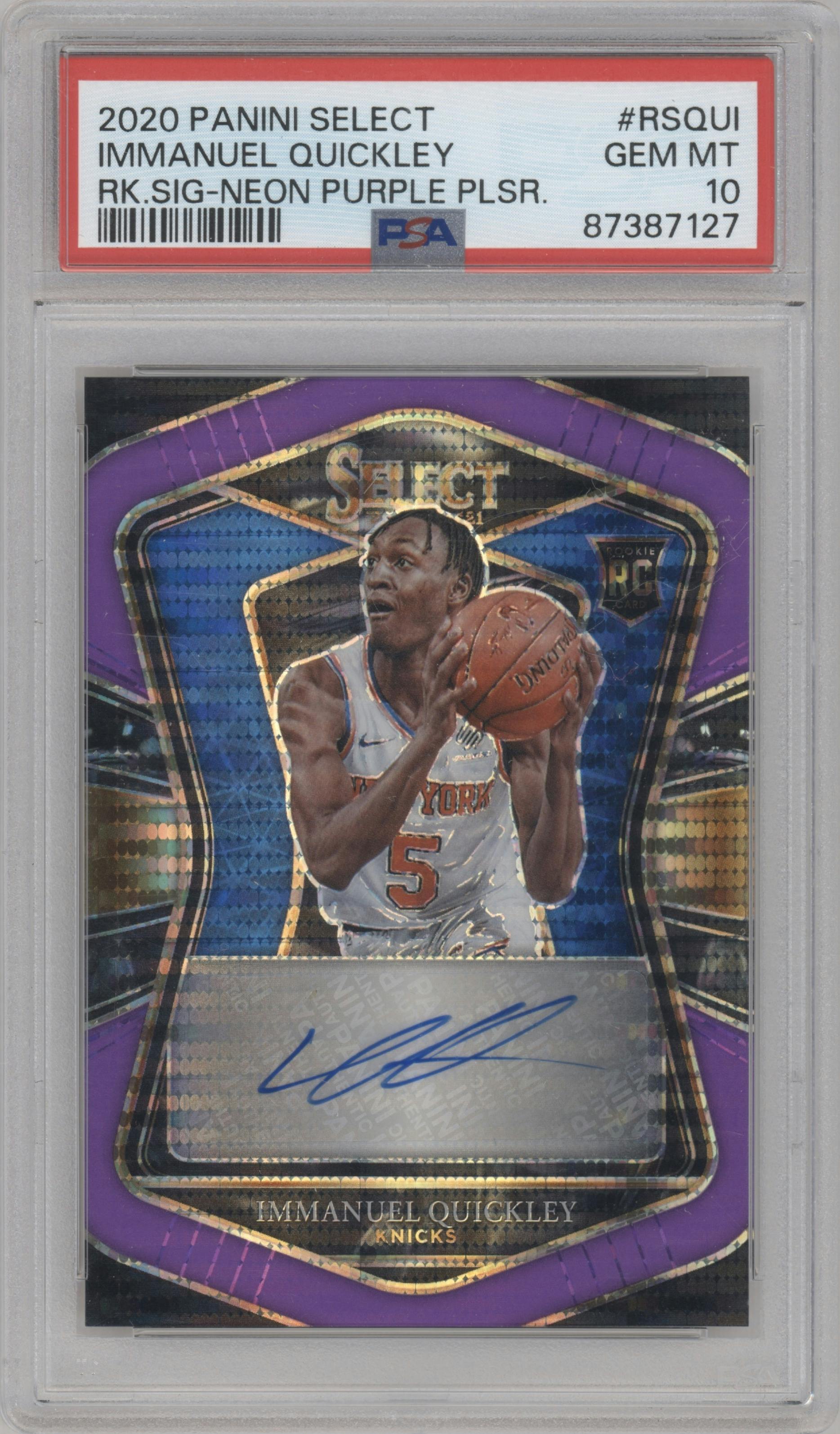 Immanuel Quickley from the 2020-21 Panini Select  set featuring a Neon Purple Pulsar FOTL parallel graded by PSA and given an overall grade of 10.