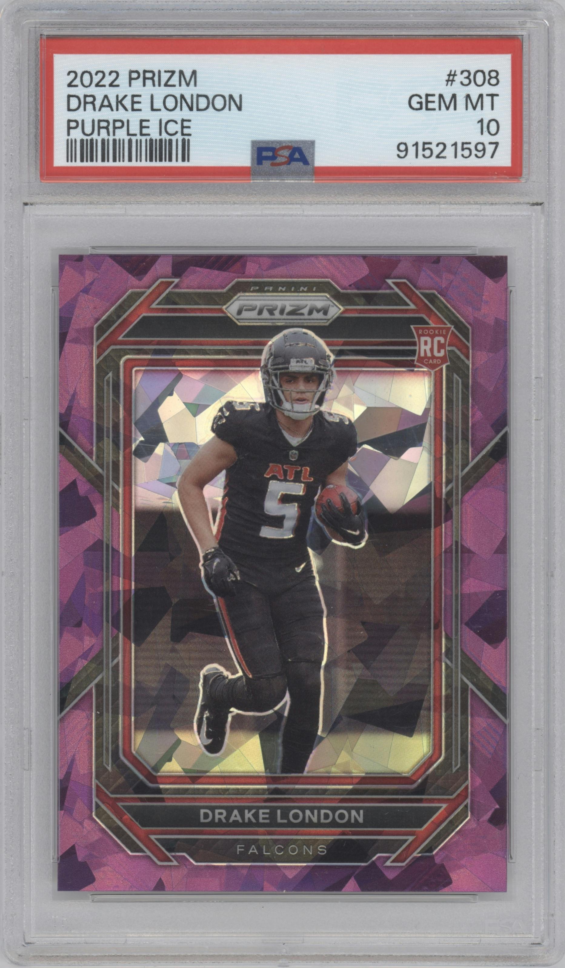Drake London from the 2022 Panini Prizm set featuring a Purple Ice parallel graded by PSA and given an overall grade of 10.