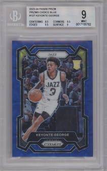 Keyonte George from the 2023-24 Panini Prizm set featuring a Choice Blue parallel graded by Beckett and given an overall grade of 9.
