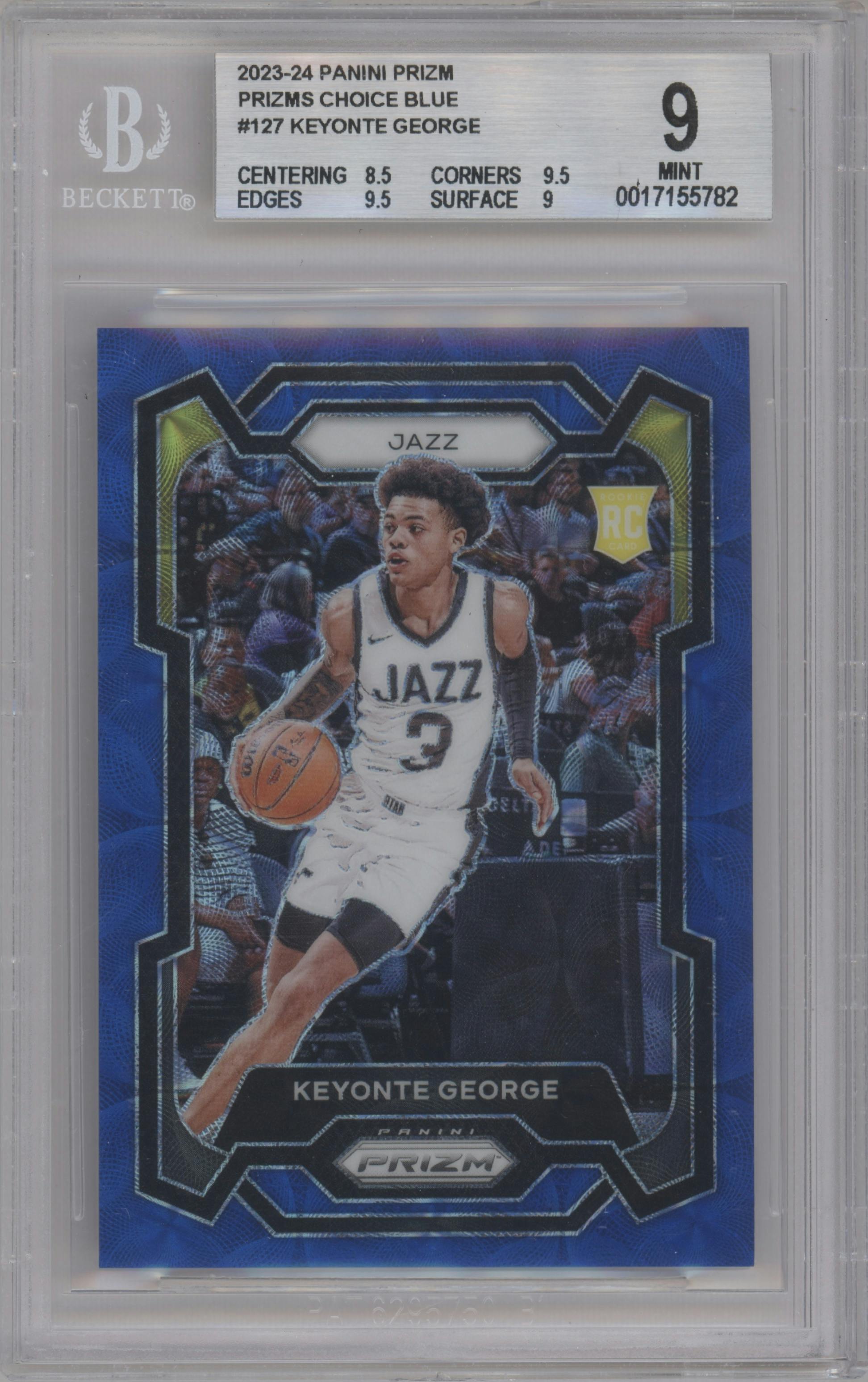 Keyonte George from the 2023-24 Panini Prizm set featuring a Choice Blue parallel graded by Beckett and given an overall grade of 9.
