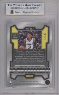 Keyonte George from the 2023-24 Panini Prizm set featuring a Choice Blue parallel graded by Beckett and given an overall grade of 9.