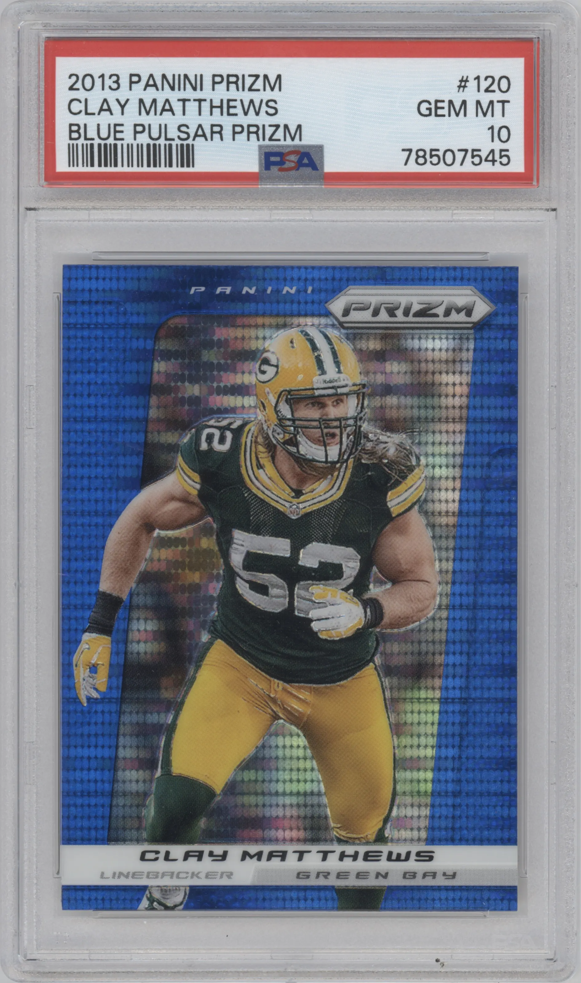 Clay Matthews from the 2013 Panini Prizm set featuring a Blue Pulsar parallel graded by PSA and given an overall grade of 10.