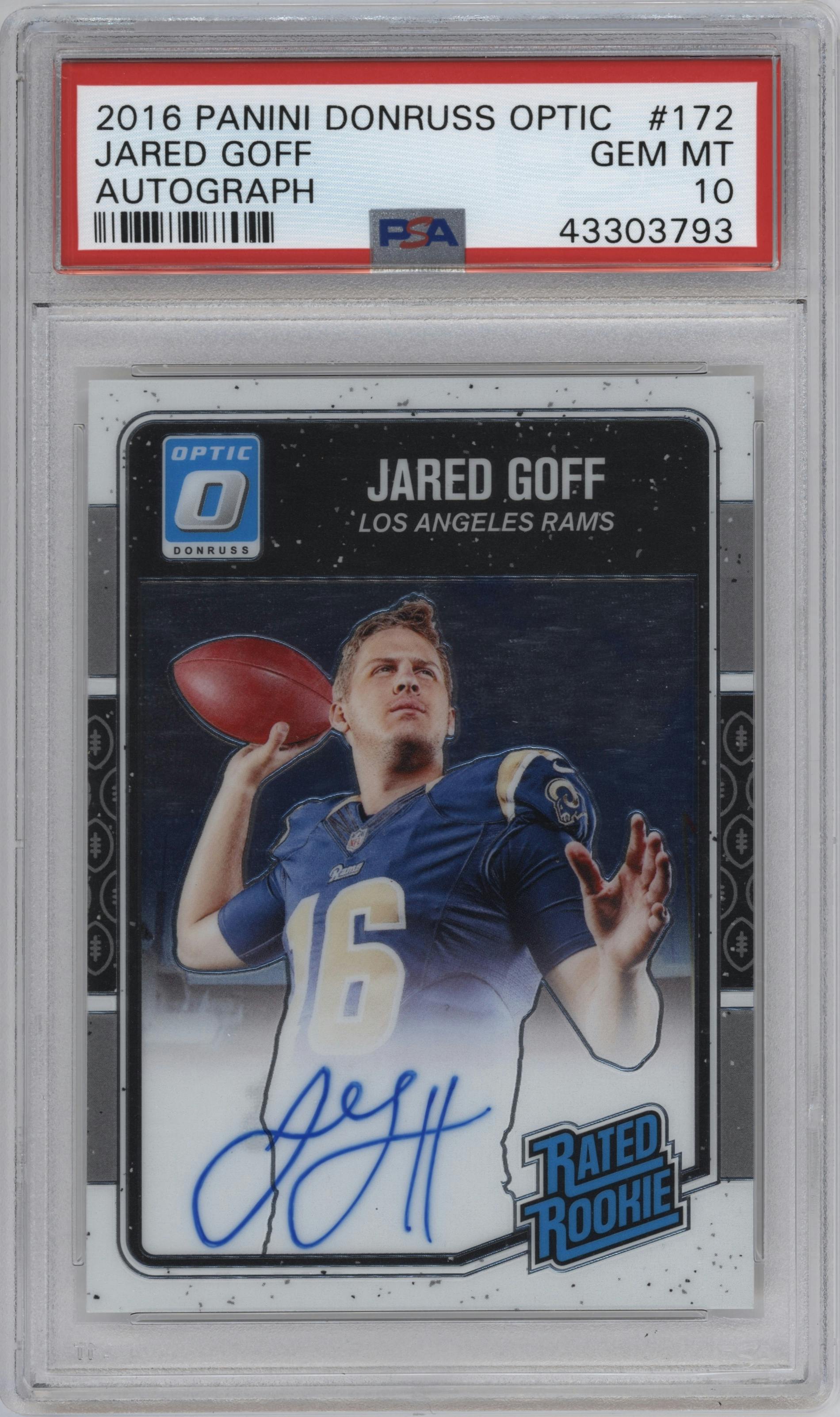 Jared Goff from the 2016 Panini Donruss Optic set graded by PSA and given an overall grade of 10.