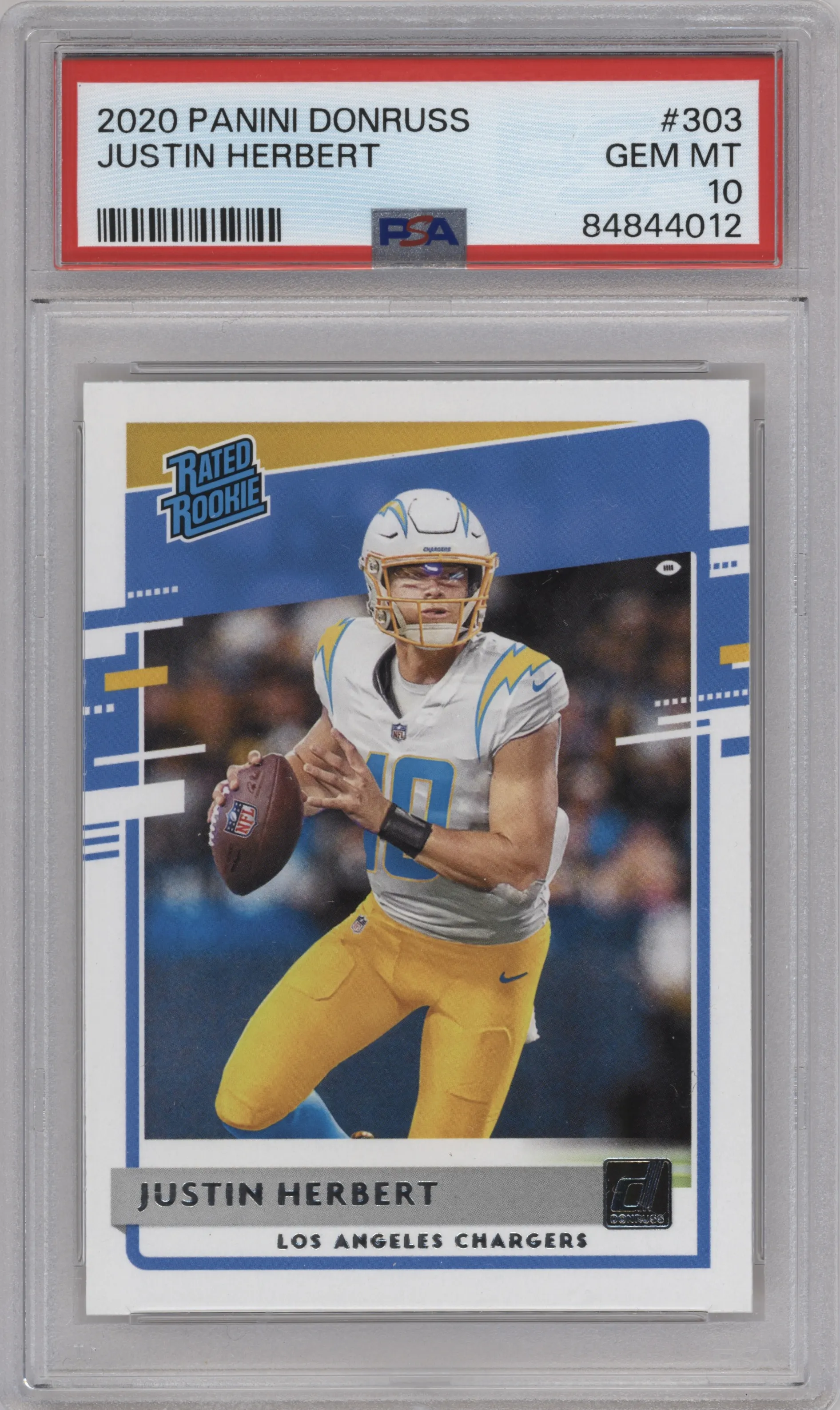 Justin Herbert from the 2020 Panini Donruss set graded by PSA and given an overall grade of 10.