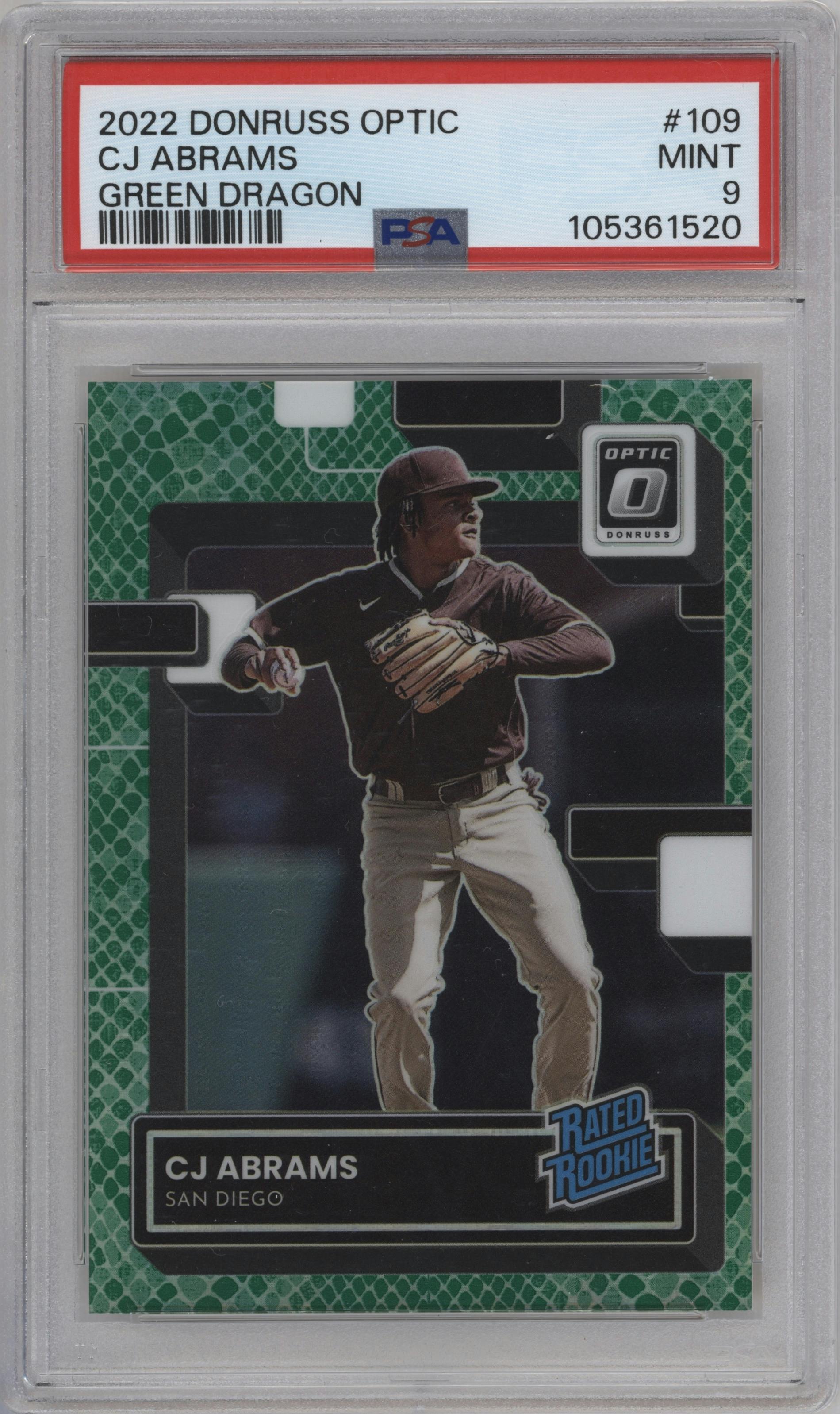 CJ Abrams from the 2022 Donruss Optic set featuring a Green Dragon parallel graded by PSA and given an overall grade of 9.