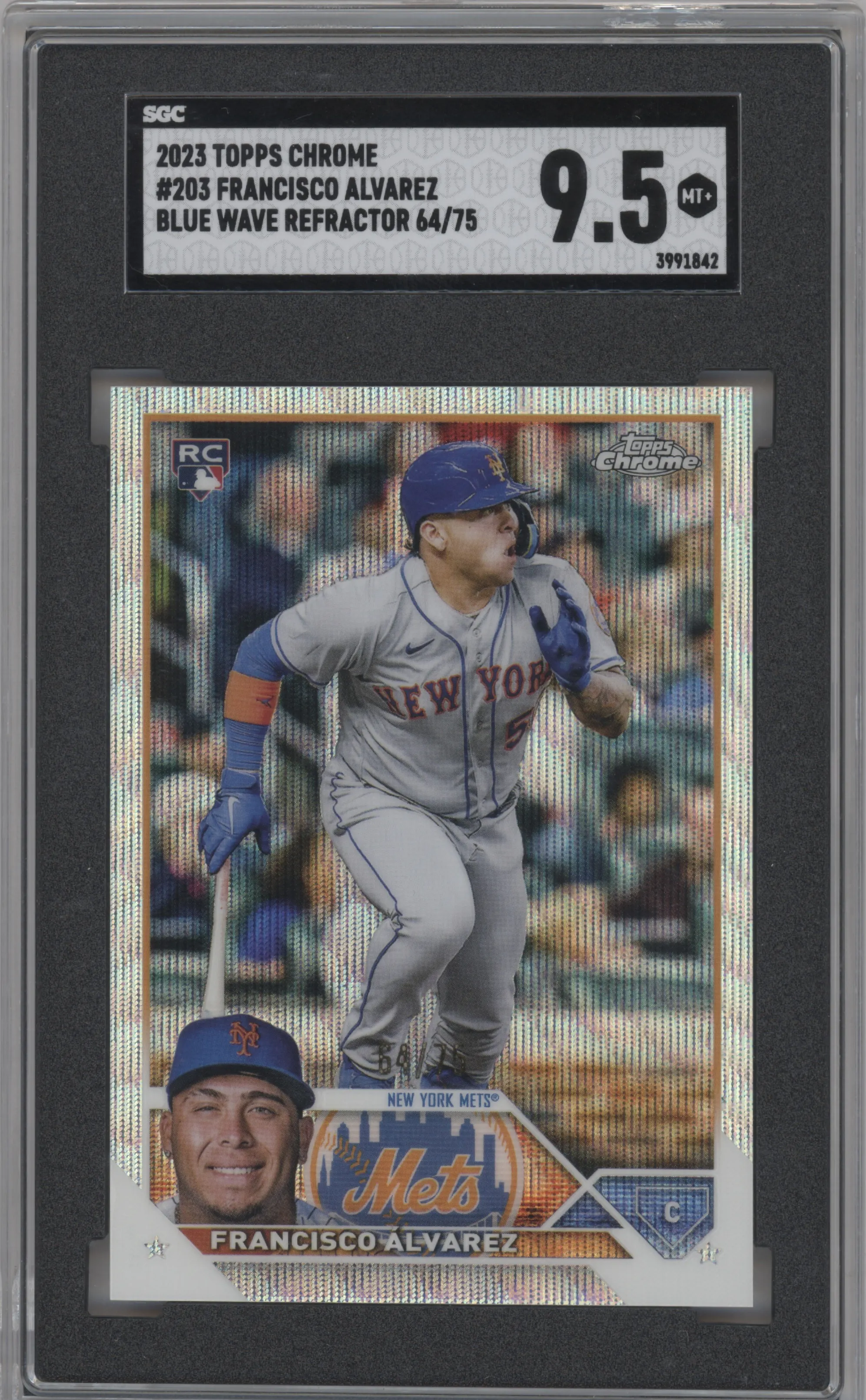 Francisco Alvarez from the 2023 Topps Chrome set featuring a Blue Wave Refractor parallel graded by SGC and given an overall grade of 9.5.