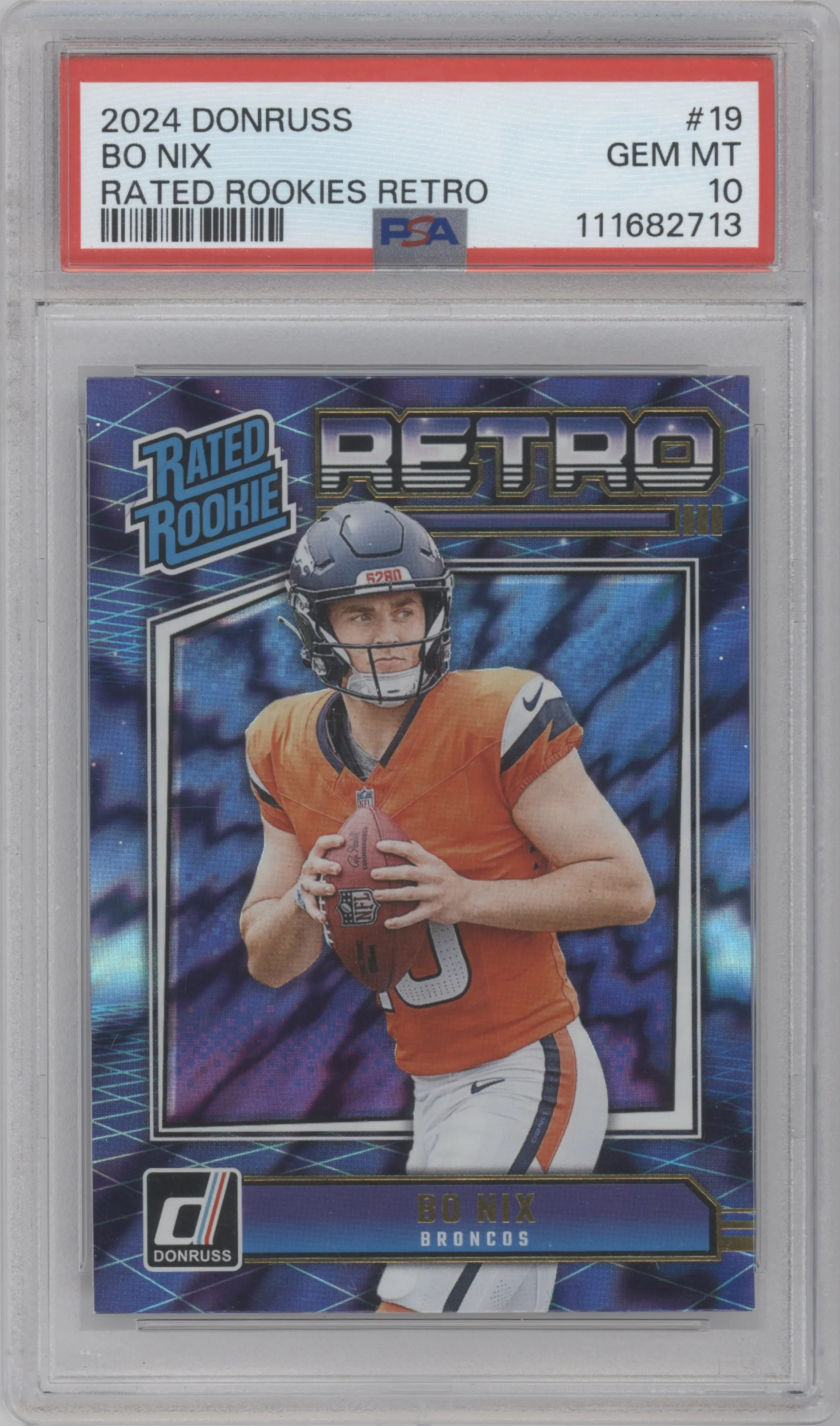 Bo Nix from the 2024 Donruss set graded by PSA and given an overall grade of 10.