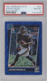 Justin Fields from the 2021 Panini Donruss Optic set featuring a Blue Scope parallel graded by PSA and given an overall grade of 10.