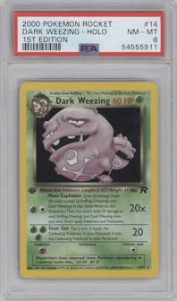 Dark Weezing from the 2000 Pokemon set graded by PSA and given an overall grade of 8.
