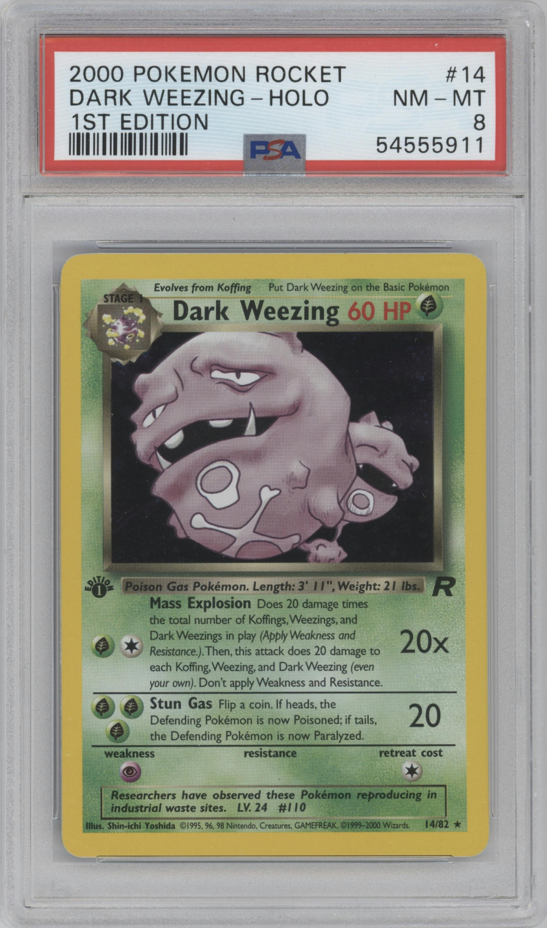 Dark Weezing from the 2000 Pokemon set graded by PSA and given an overall grade of 8.