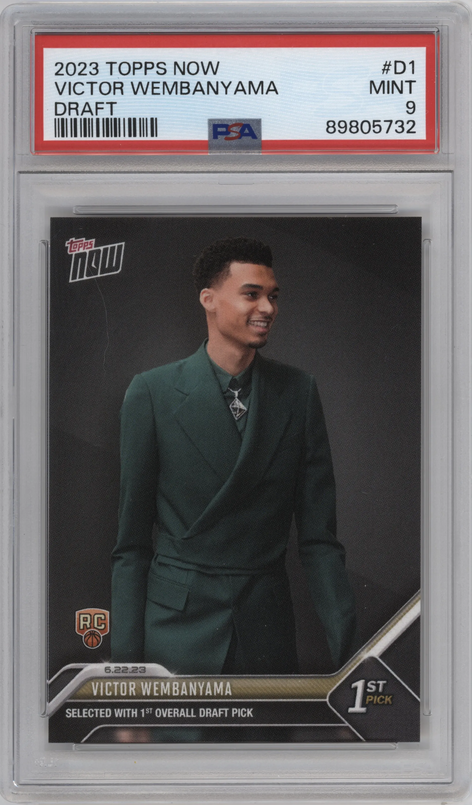 Victor Wembanyama from the 2023 Topps Now
 set graded by PSA and given an overall grade of 9.