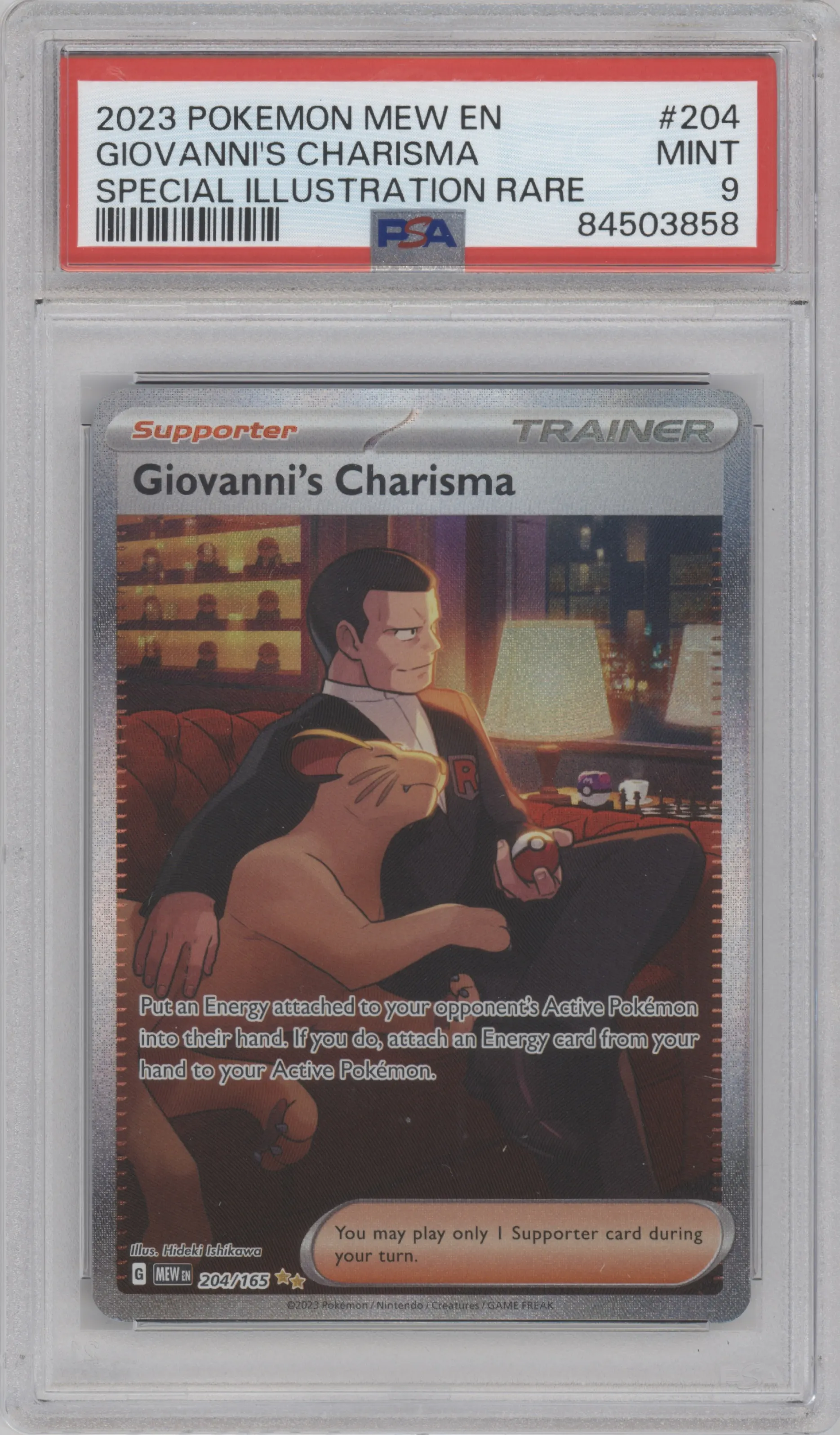 Giovanni's Charisma from the 2023 Pokemon SV set graded by PSA and given an overall grade of 9.