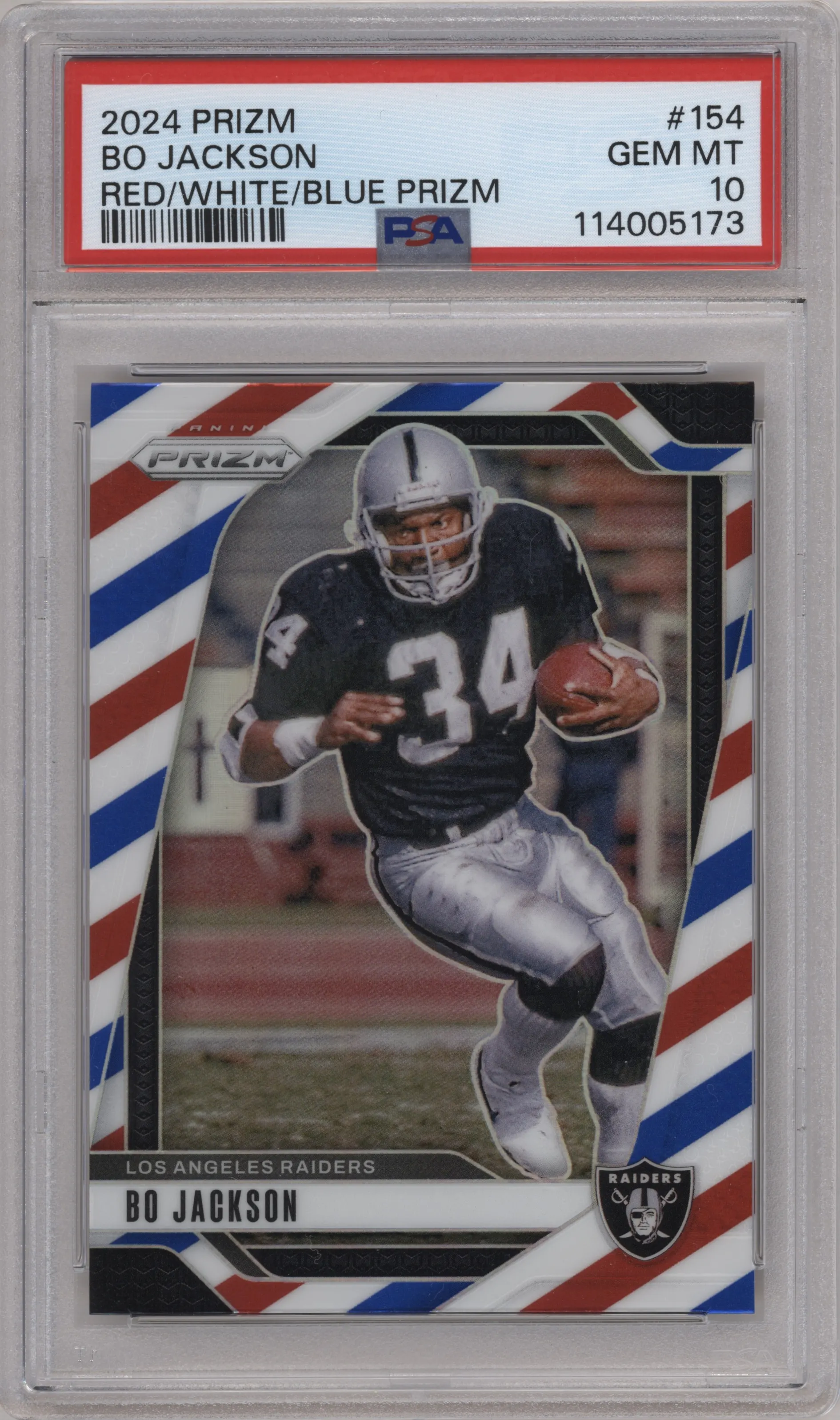 Bo Jackson from the 2024 Panini Prizm set featuring a Red White Blue Prizm parallel graded by PSA and given an overall grade of 10.