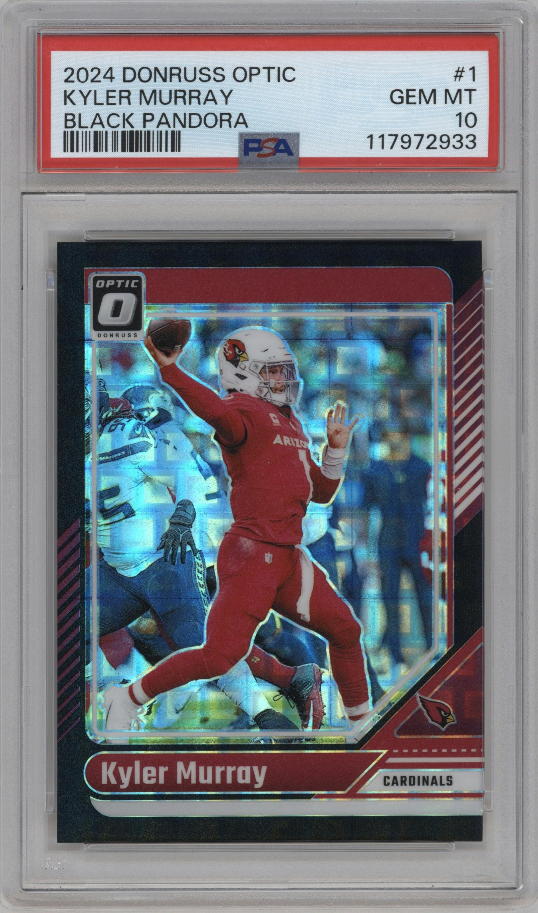 Kyler Murray from the 2024 Donruss Optic set featuring a Black Pandora parallel graded by PSA and given an overall grade of 10.