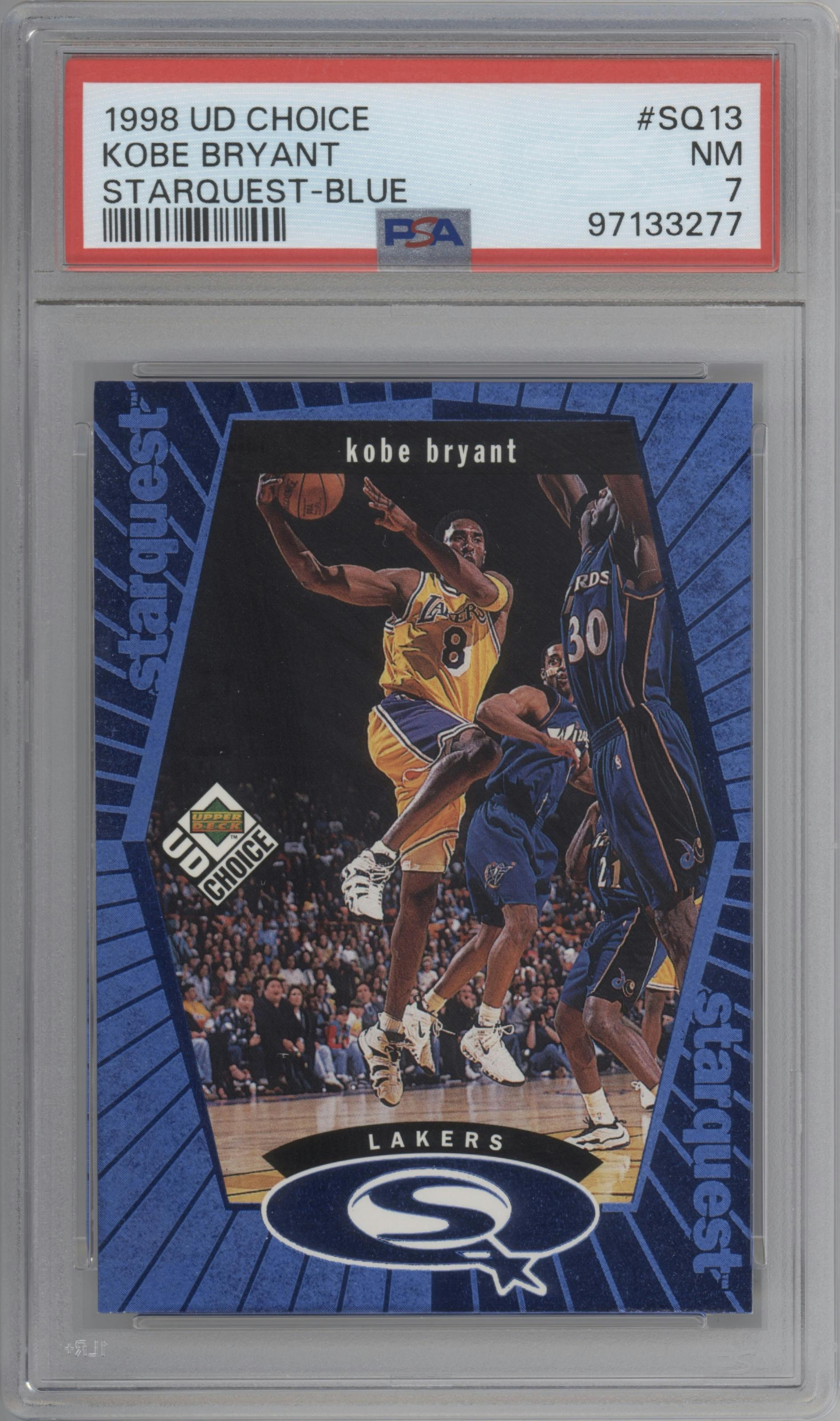 Kobe Bryant from the 1998-99 Upper Deck Choice set featuring a Blue parallel graded by PSA and given an overall grade of 7.