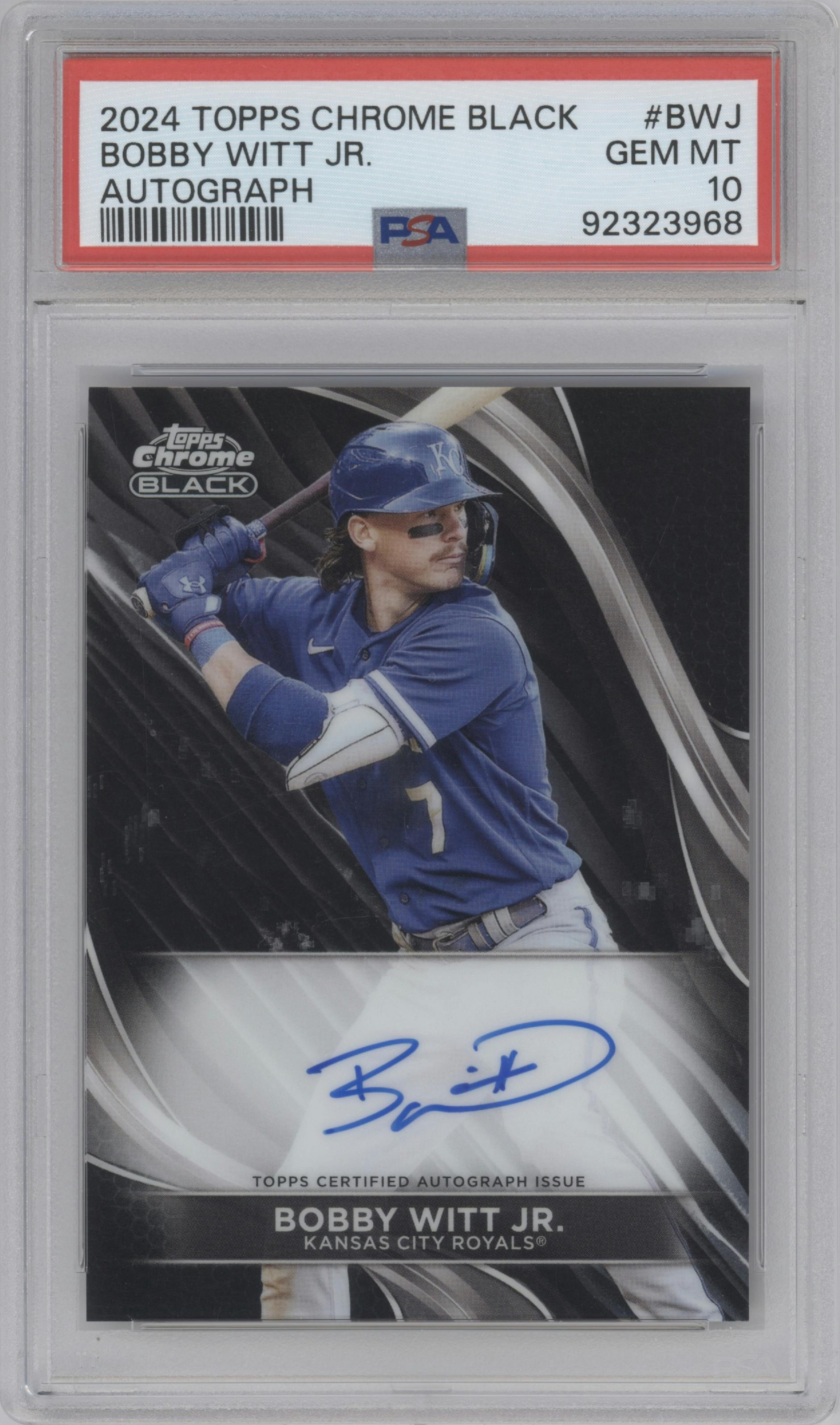 Bobby Witt Jr. from the  2024 Topps Chrome Black set graded by PSA and given an overall grade of 10.