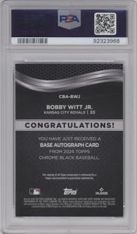 Bobby Witt Jr. from the  2024 Topps Chrome Black set graded by PSA and given an overall grade of 10.