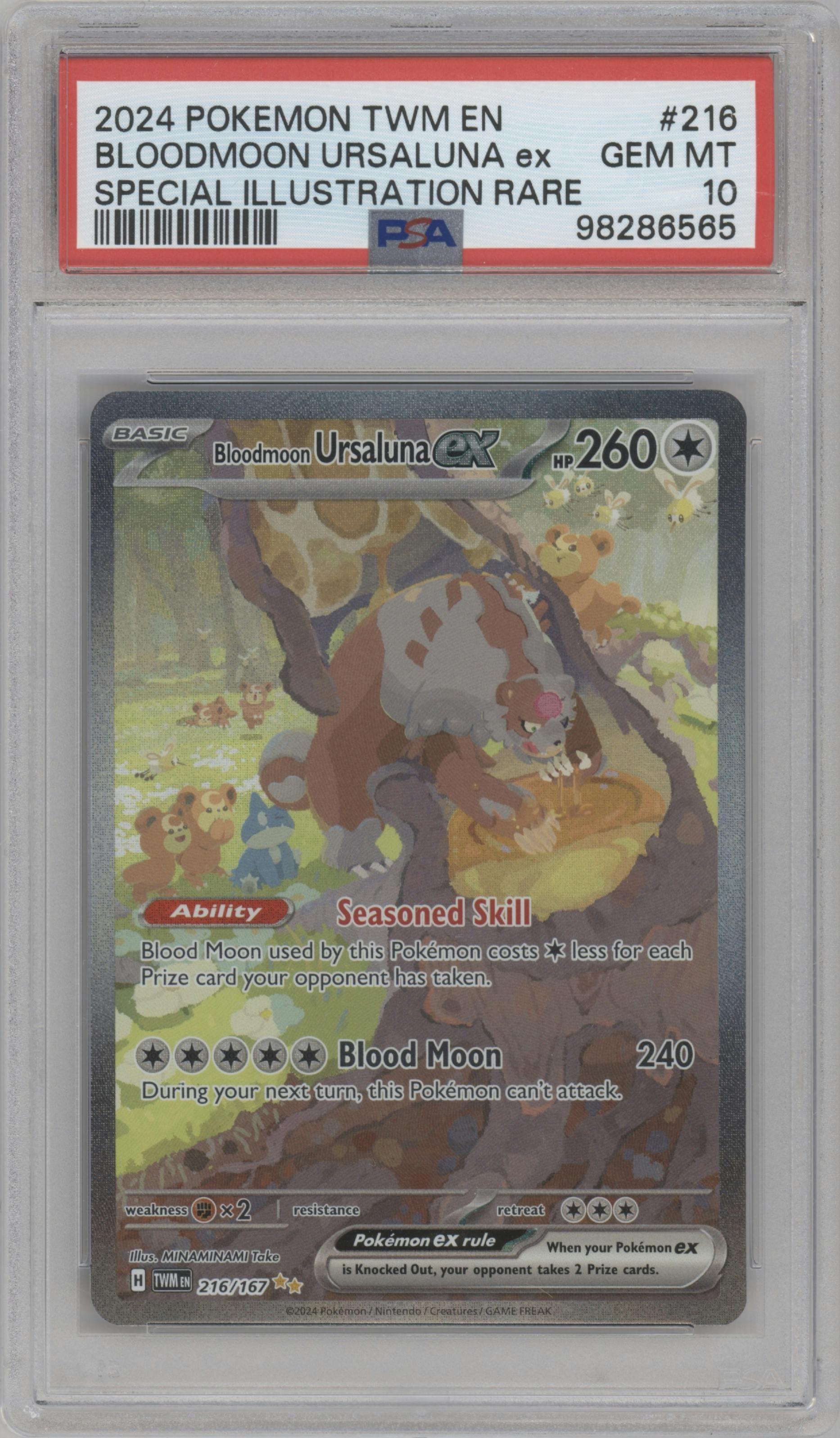 Bloodmoon Ursaluna ex from the 2024 Pokemon SV set graded by PSA and given an overall grade of 10.