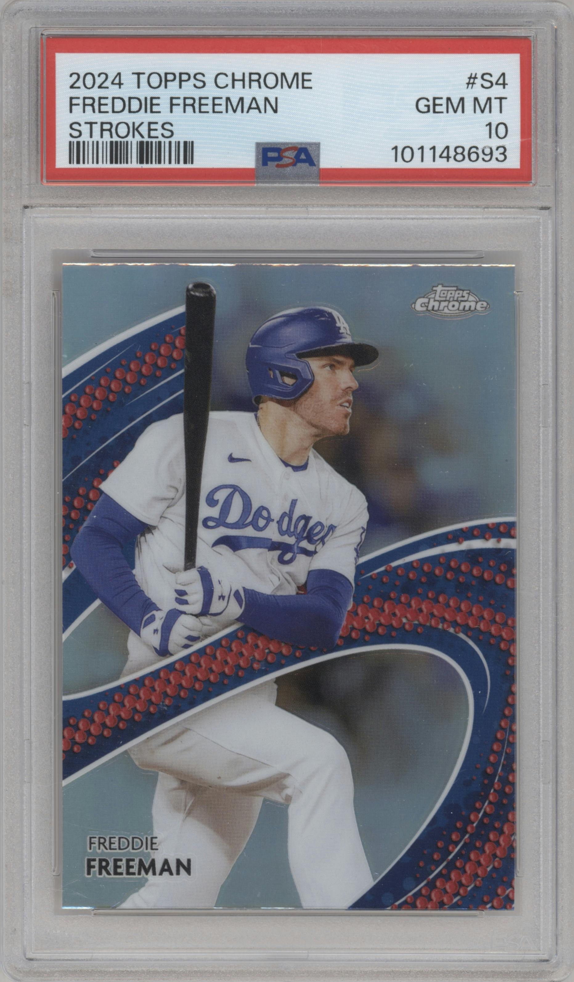 Freddie Freeman from the 2024 Topps Chrome set graded by PSA and given an overall grade of 10.