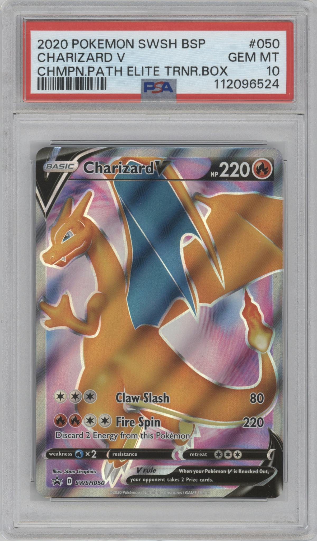 Charizard V from the 2020 Pokemon SWSH set featuring a Champion's Path ETB parallel graded by PSA and given an overall grade of 10.
