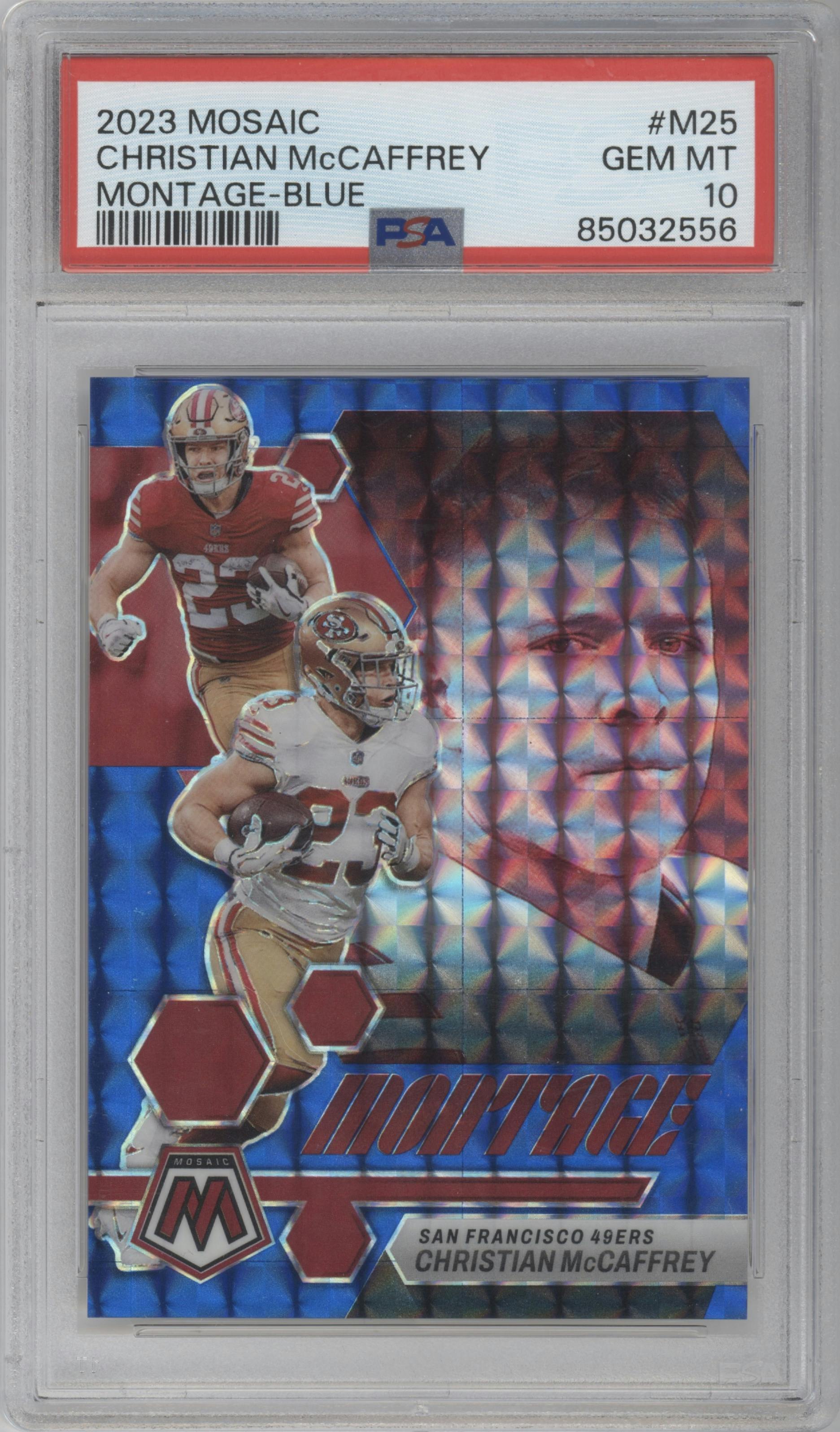 Christian McCaffrey from the 2023 Panini Mosaic set featuring a Blue Mosaic parallel graded by PSA and given an overall grade of 10.