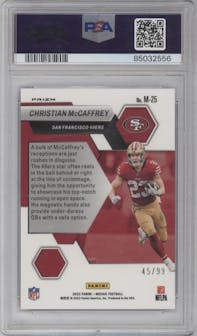 Christian McCaffrey from the 2023 Panini Mosaic set featuring a Blue Mosaic parallel graded by PSA and given an overall grade of 10.
