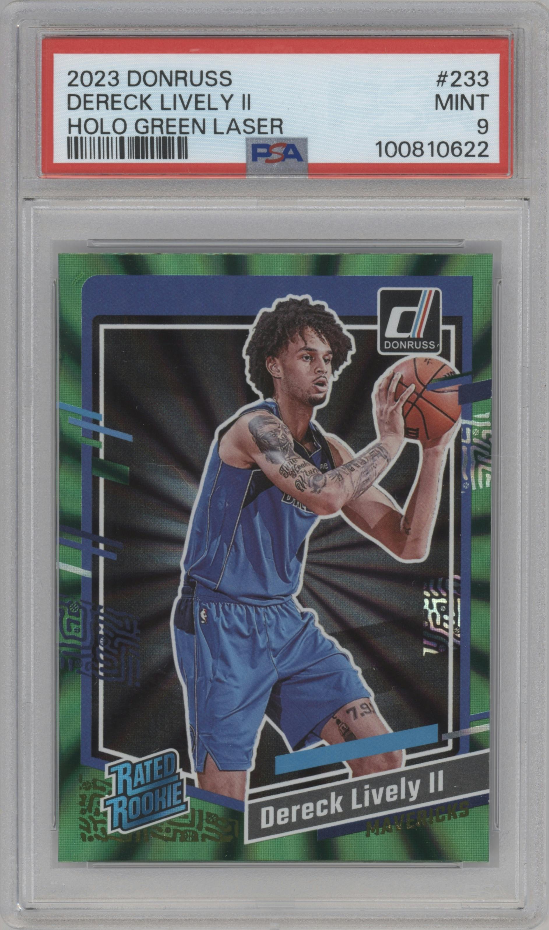 Dereck Lively II from the 2023-24 Panini Donruss set featuring a Green Holo Laser  parallel graded by PSA and given an overall grade of 9.
