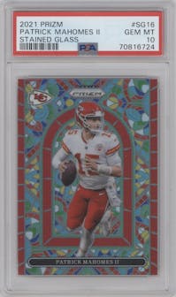 Patrick Mahomes II from the 2021 Panini Prizm set graded by PSA and given an overall grade of 10.