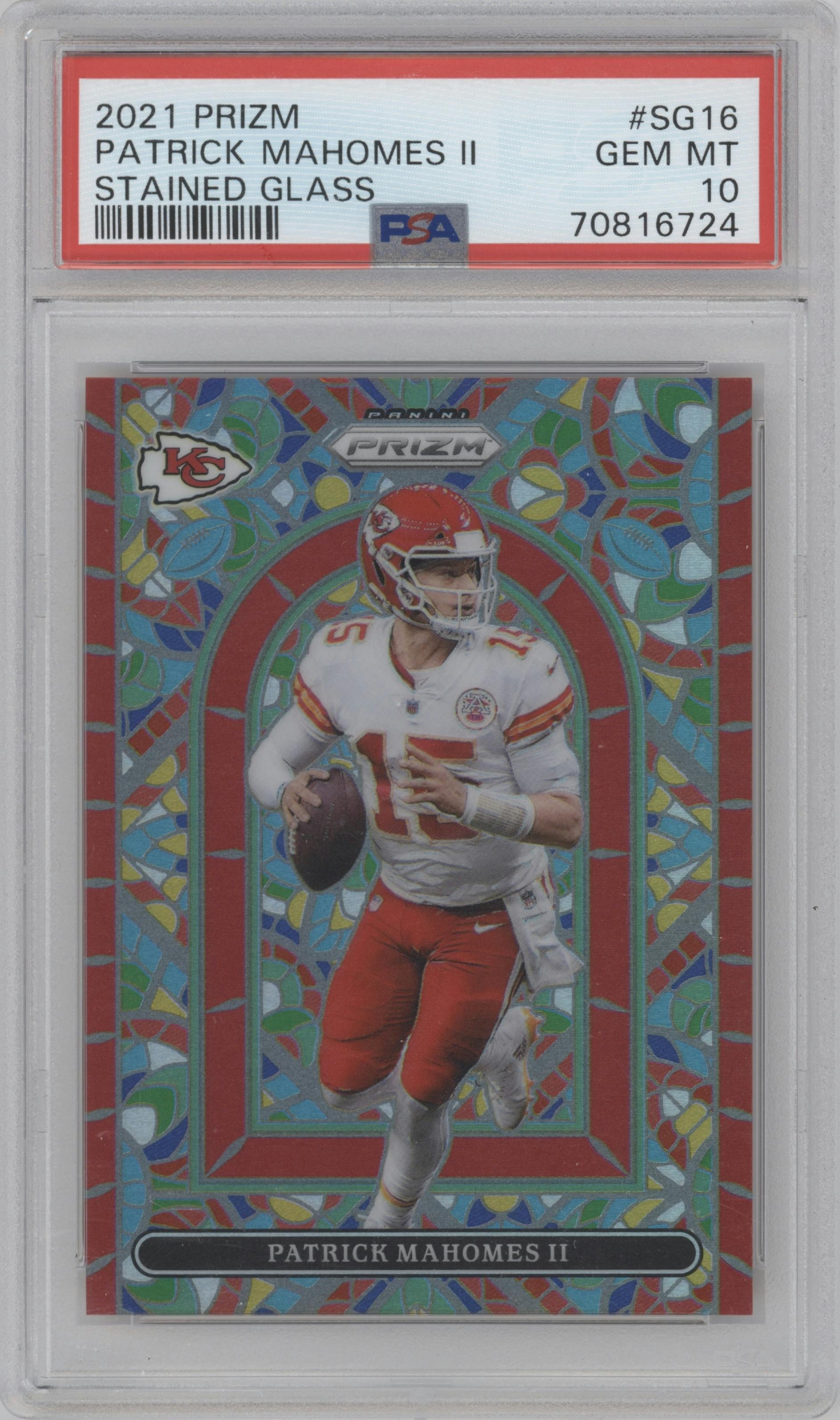 Patrick Mahomes II from the 2021 Panini Prizm set graded by PSA and given an overall grade of 10.