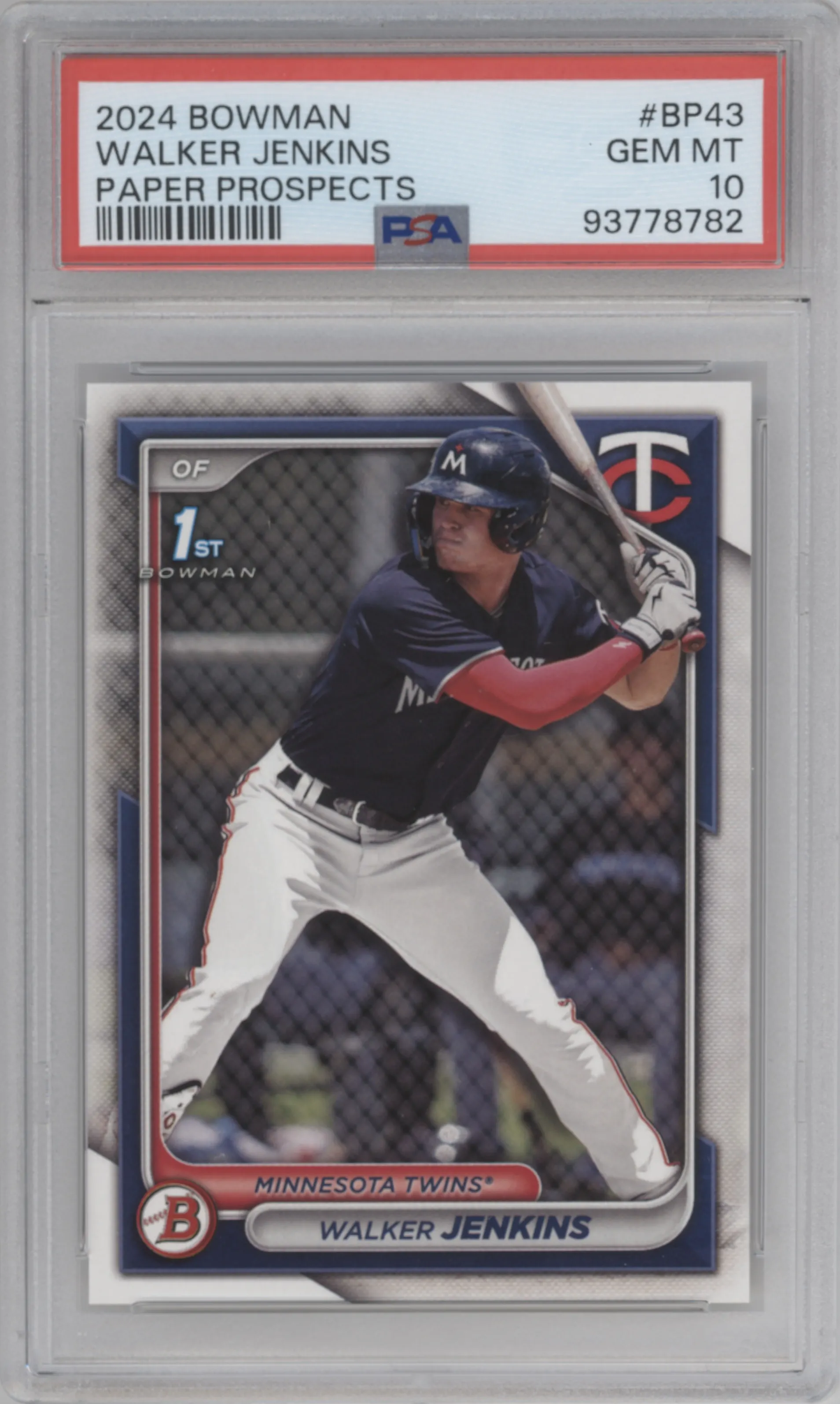 Walker Jenkins from the 2024 Bowman set graded by PSA and given an overall grade of 10.