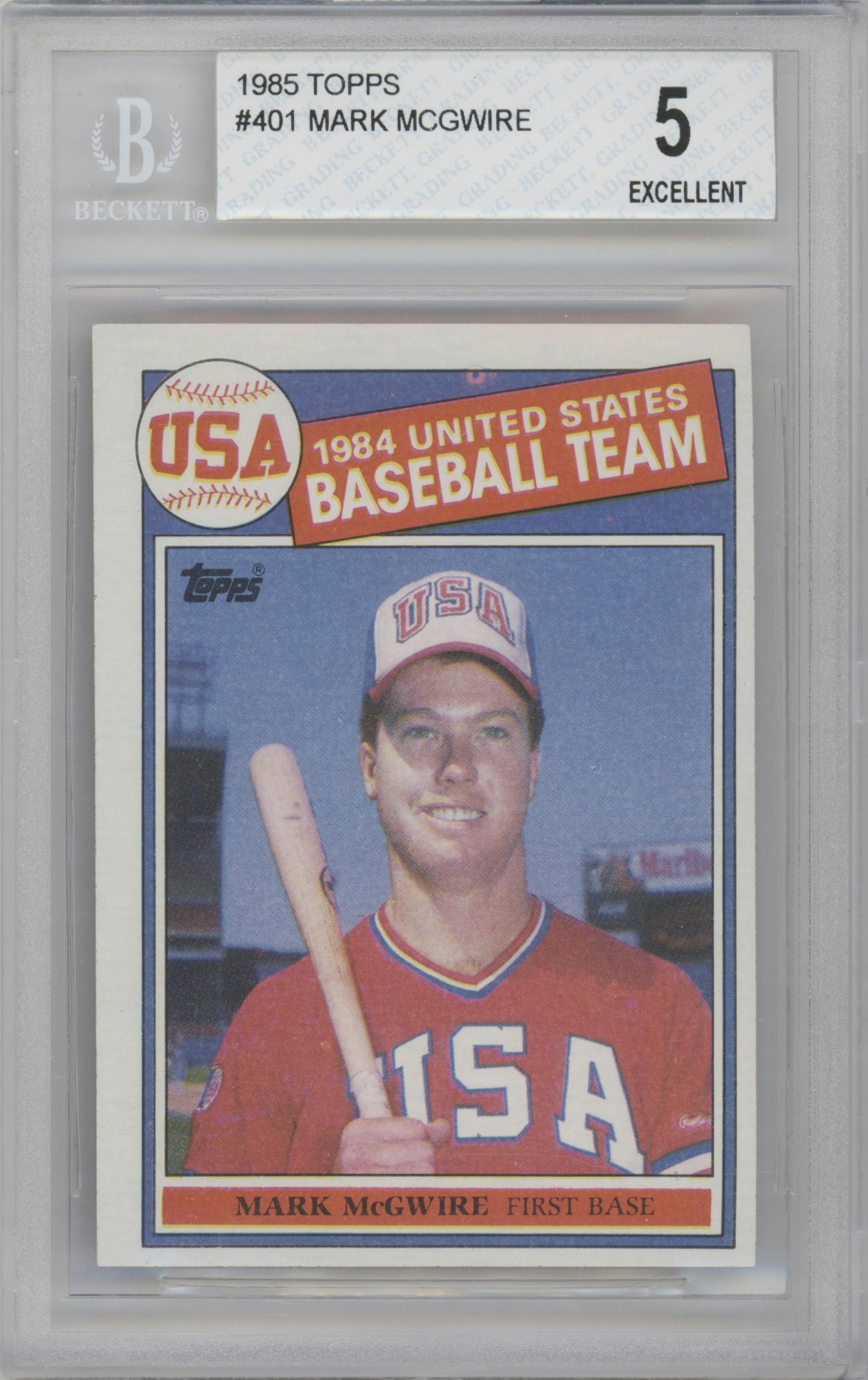 Mark McGwire from the 1985 Topps set graded by Beckett and given an overall grade of 5.